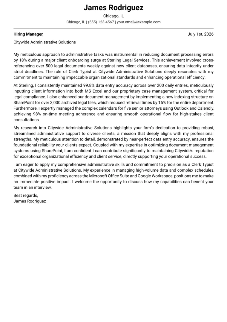 Clerk Typist cover letter example preview