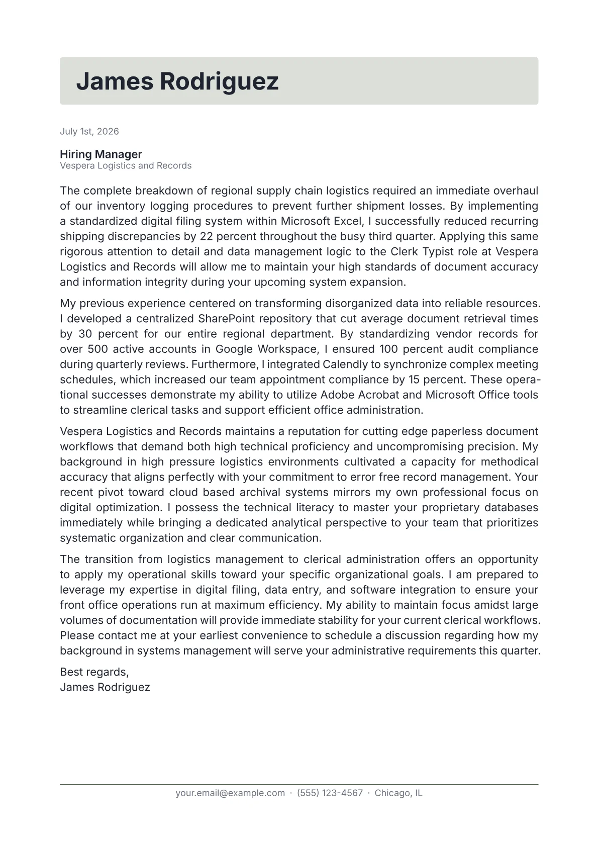Clerk Typist cover letter in the Letterhead design