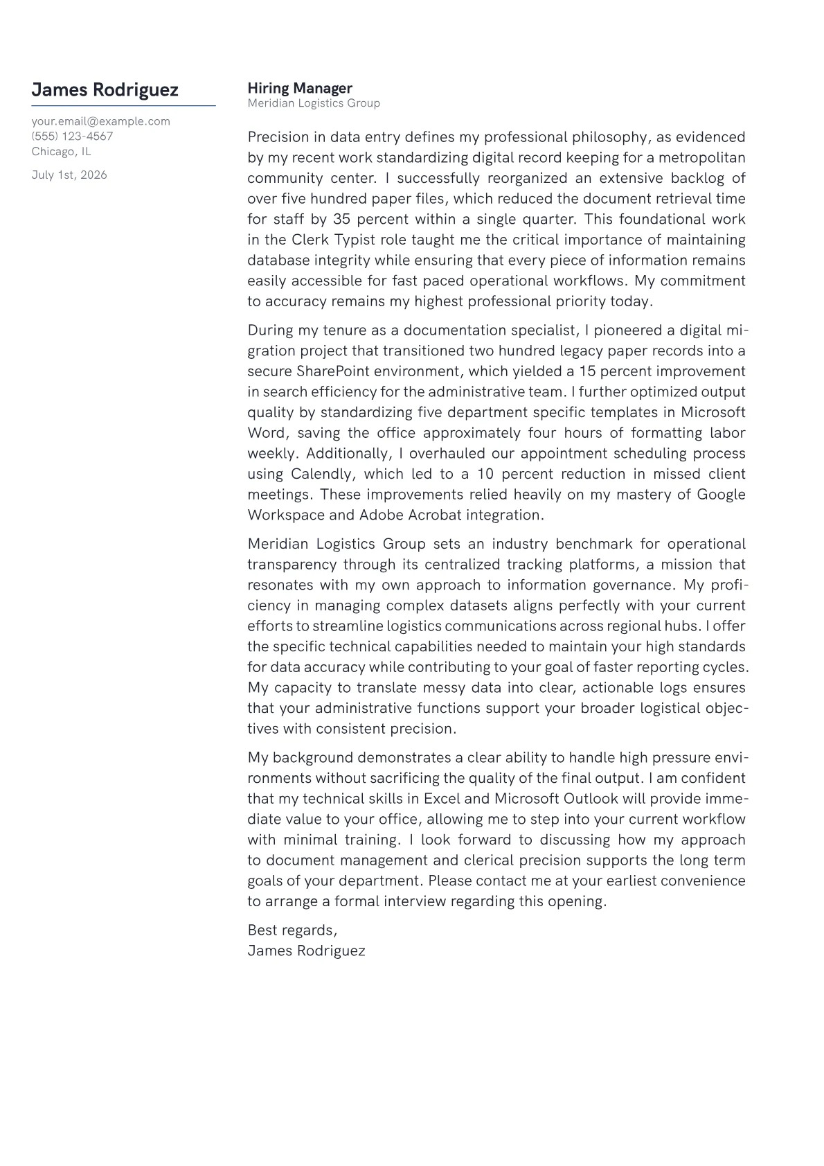 Clerk Typist cover letter in the Margin design