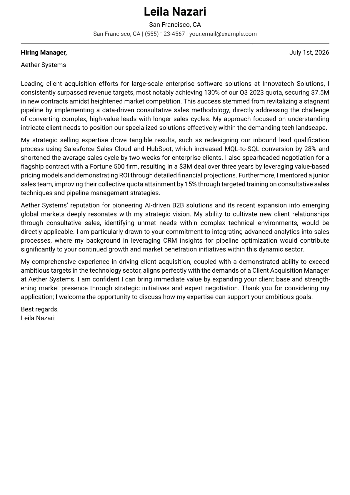 Client Acquisition Manager cover letter formatted with a JobSprout template