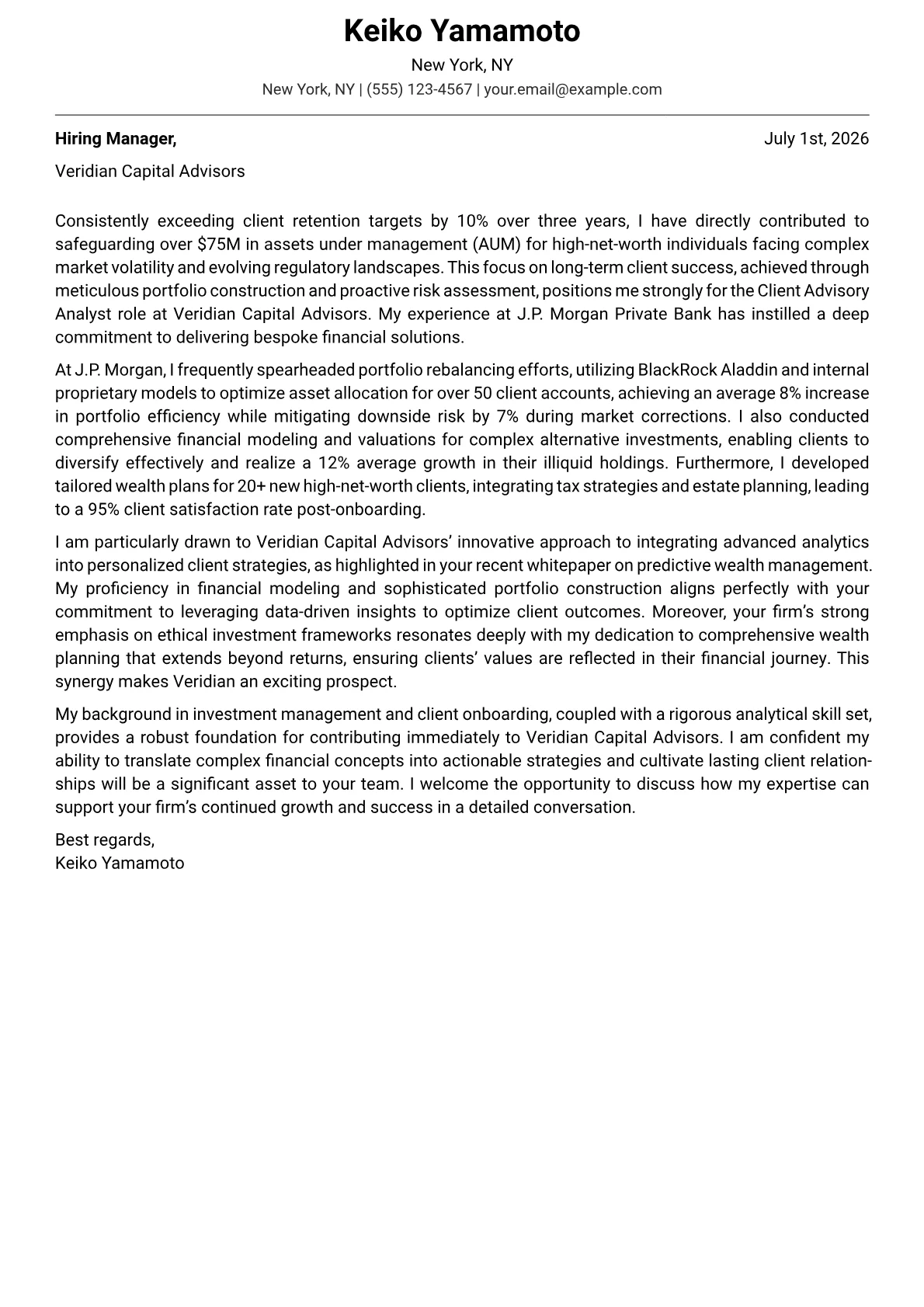 Client Advisory Analyst cover letter formatted with a JobSprout template