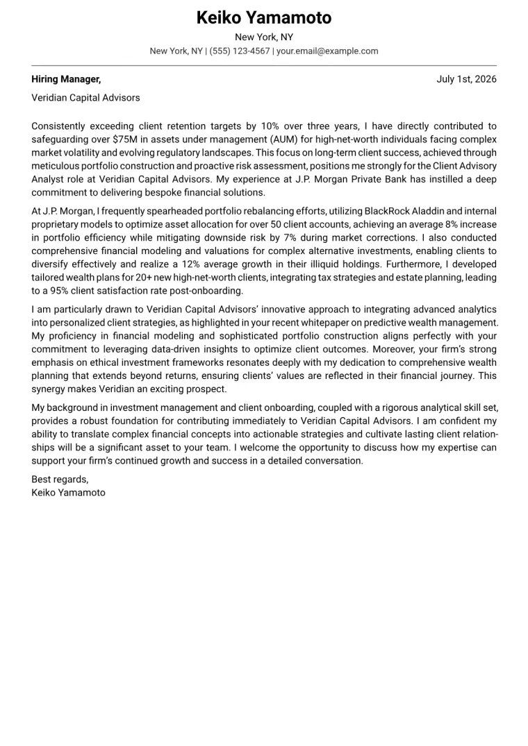 Client Advisory Analyst cover letter example preview