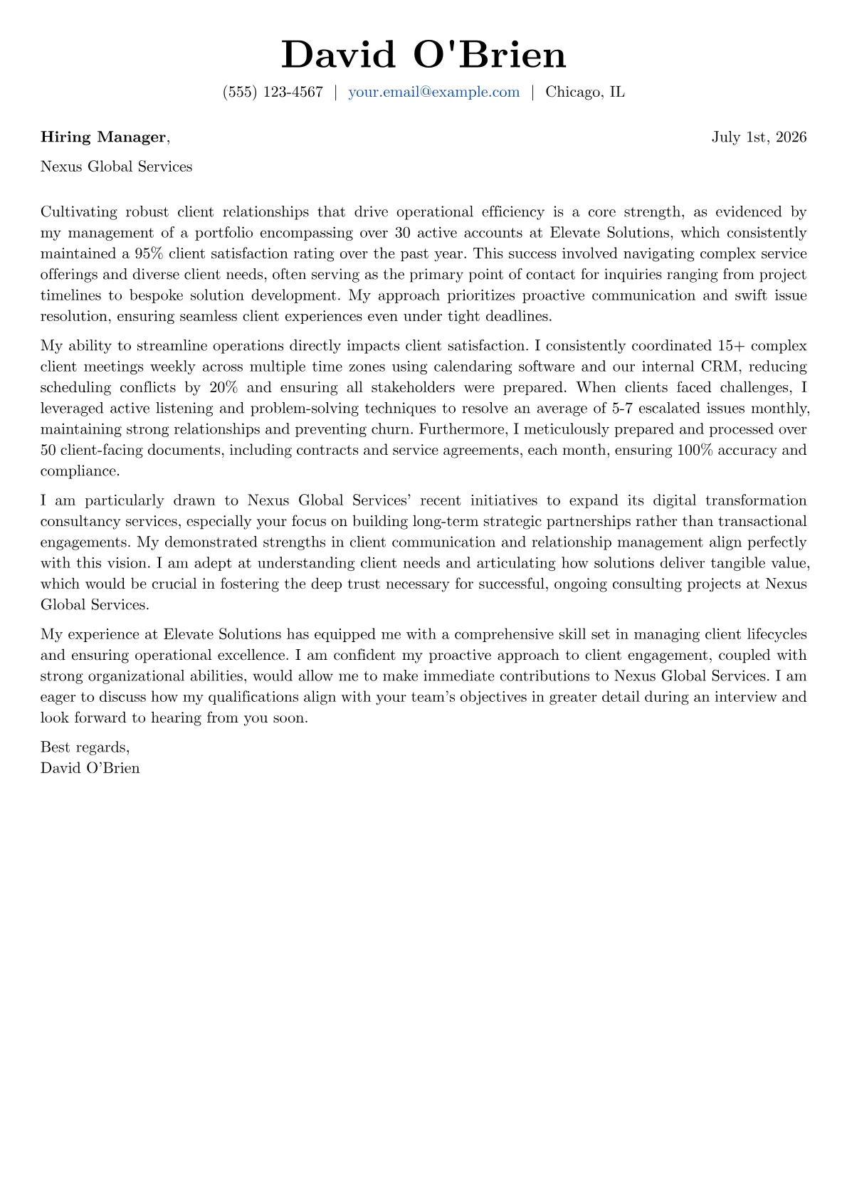 Client Coordinator cover letter formatted with a JobSprout template