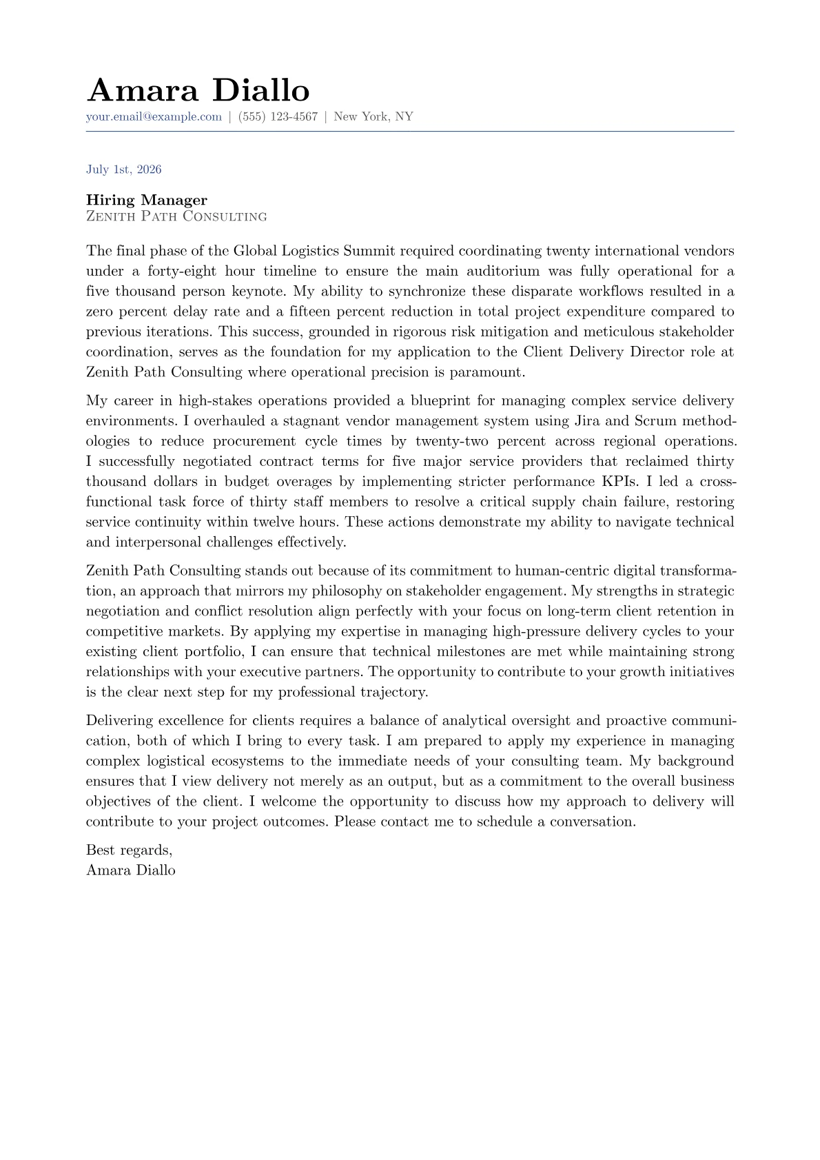 Client Delivery Director cover letter in the Classic design