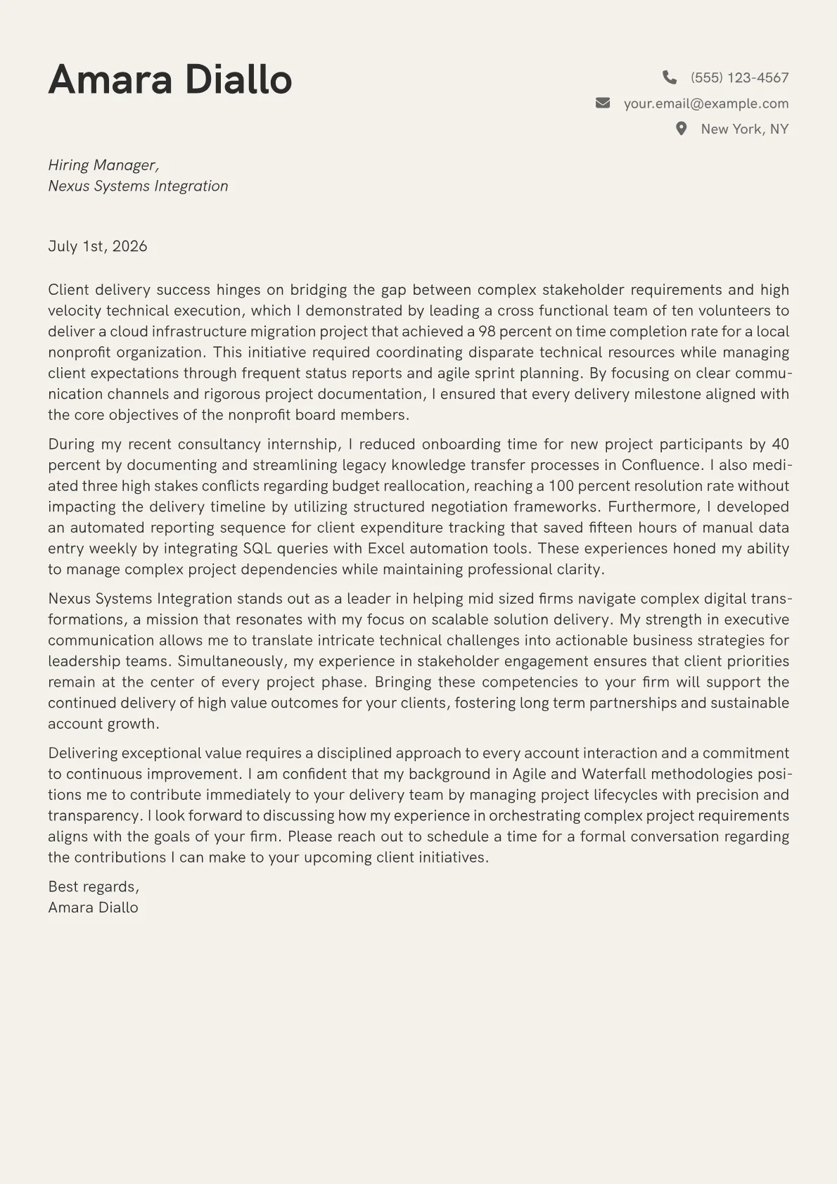Client Delivery Director cover letter in the Creative design