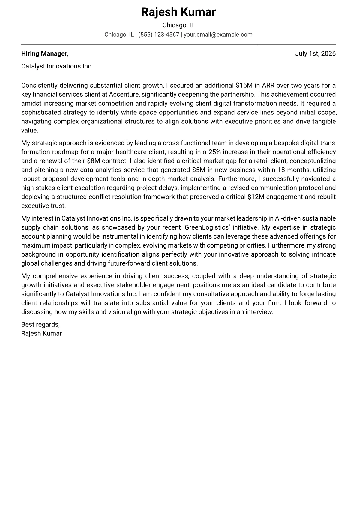 Client Partner cover letter formatted with a JobSprout template