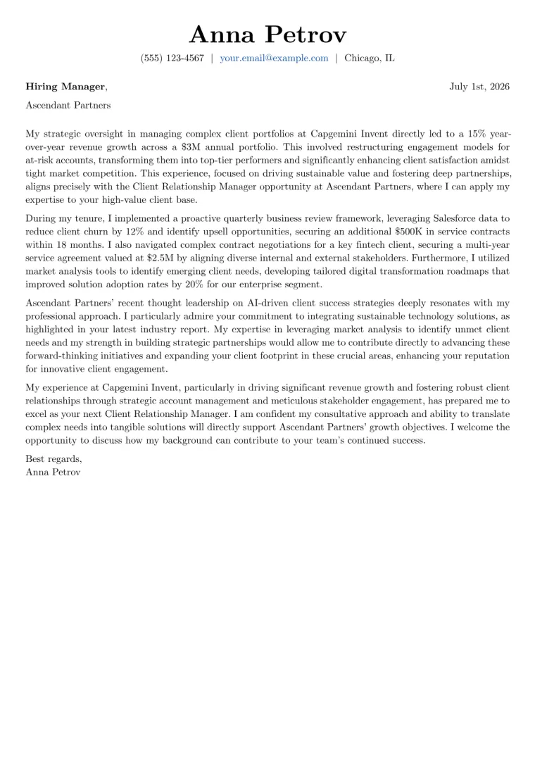 Client Relationship Manager Cover Letter Example