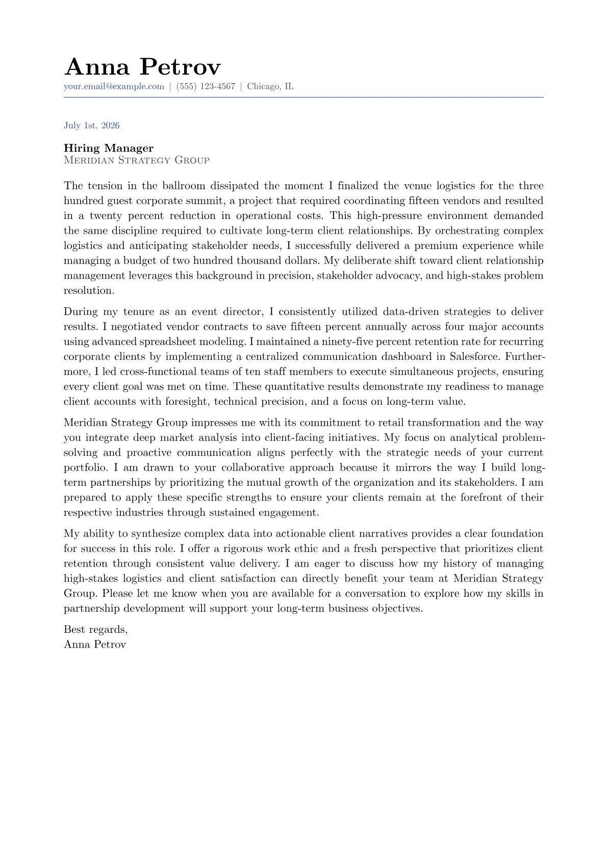 Client Relationship Manager cover letter in the Classic design