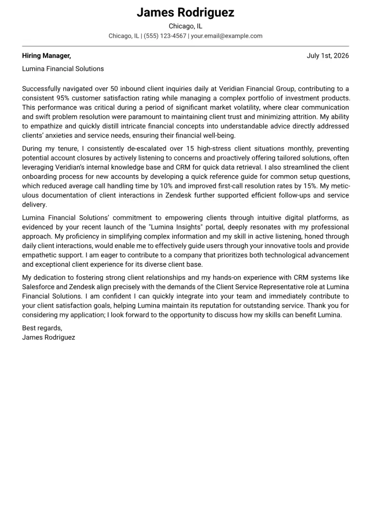 Client Service Representative Cover Letter Example