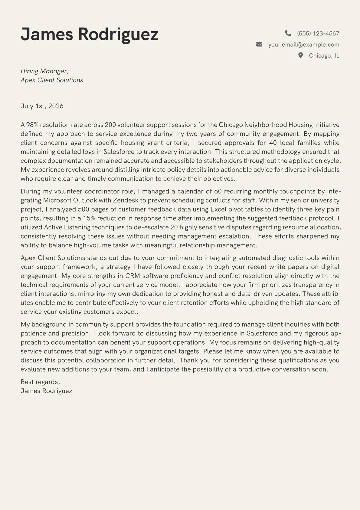 Client Service Representative cover letter in the Creative design