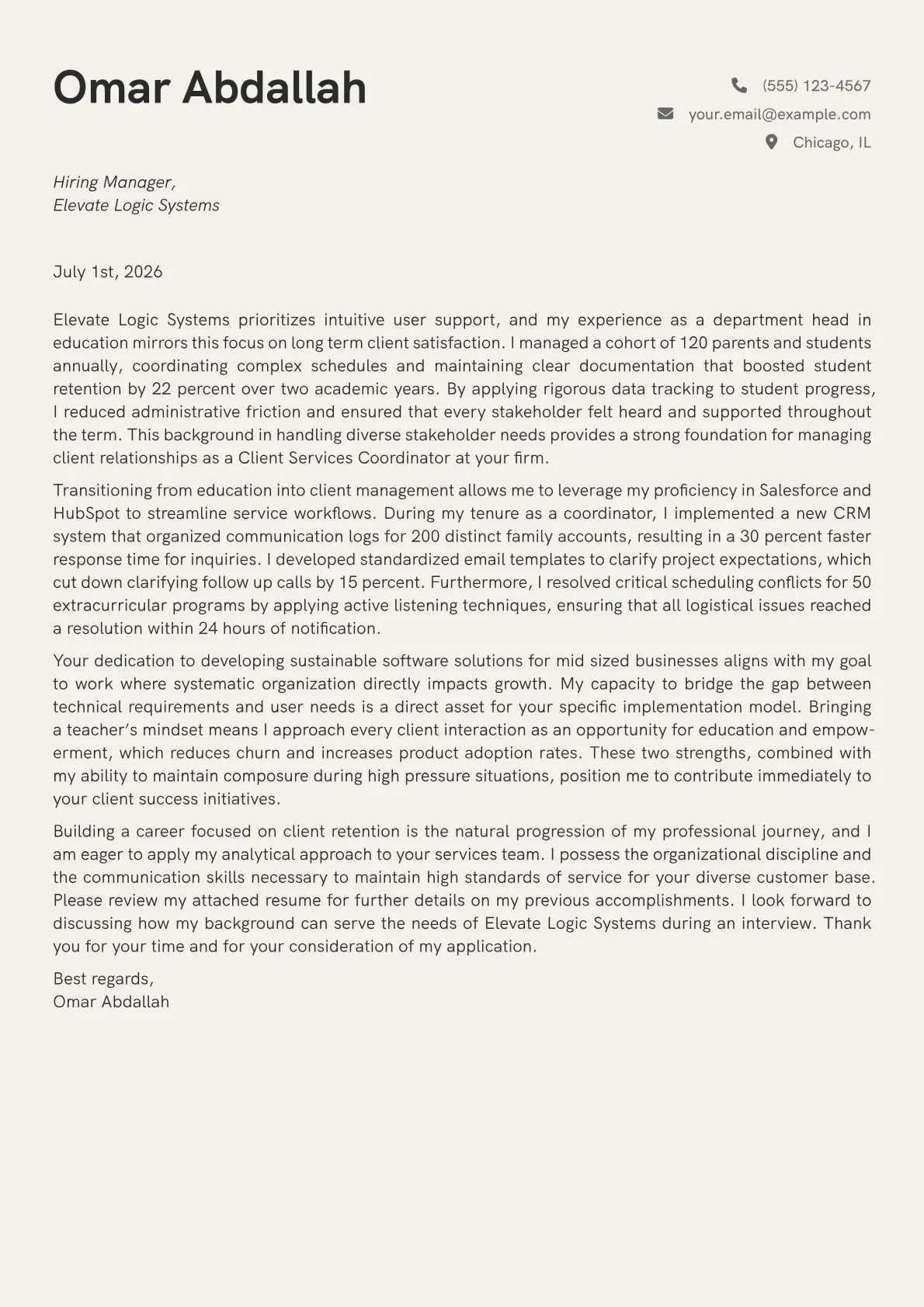Client Services Coordinator cover letter in the Creative design