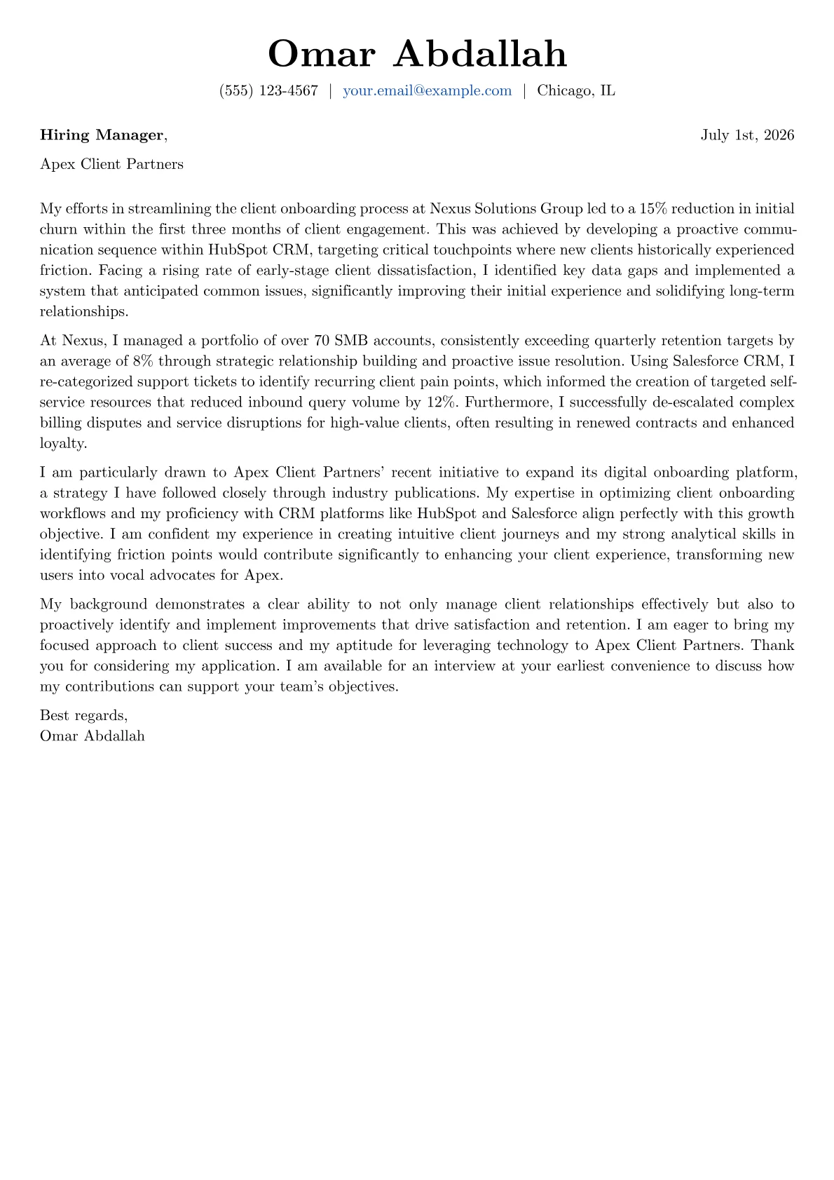 Client Services Coordinator cover letter formatted with a JobSprout template