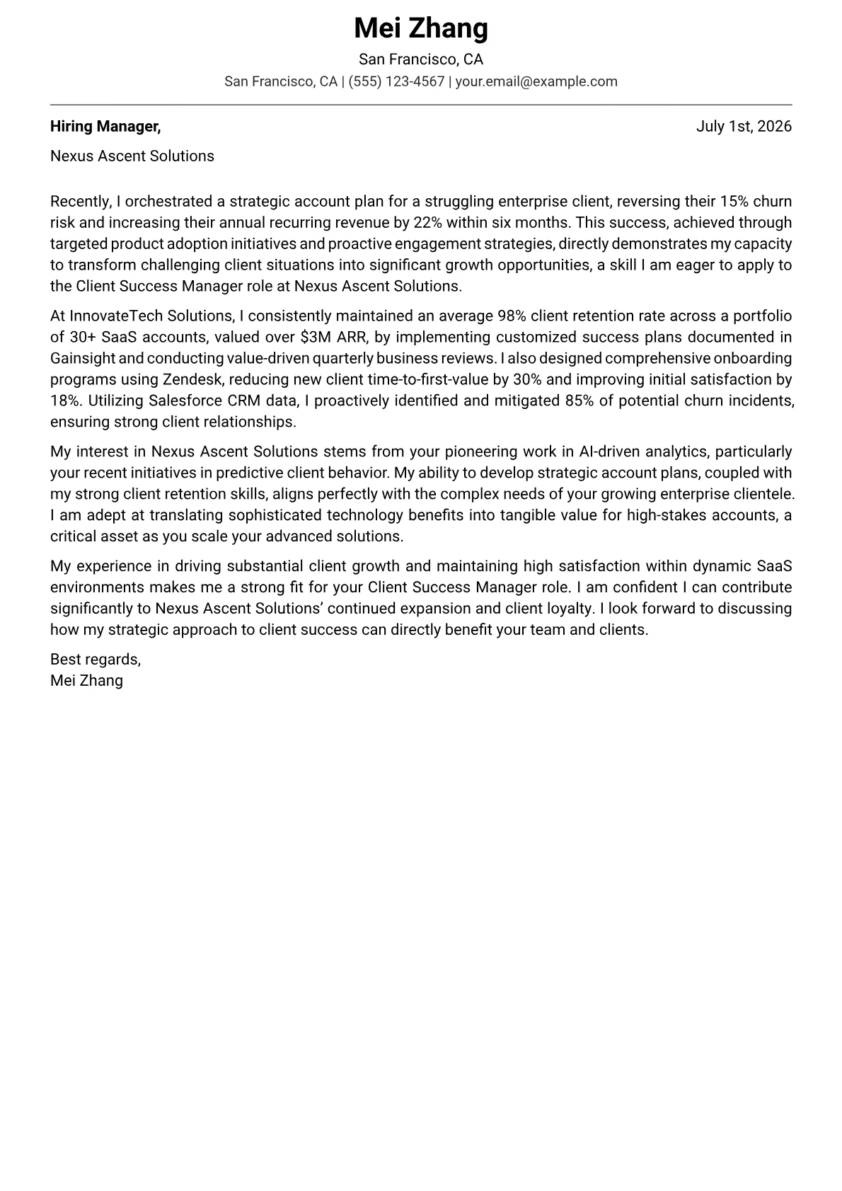 Client Success Manager cover letter formatted with a JobSprout template