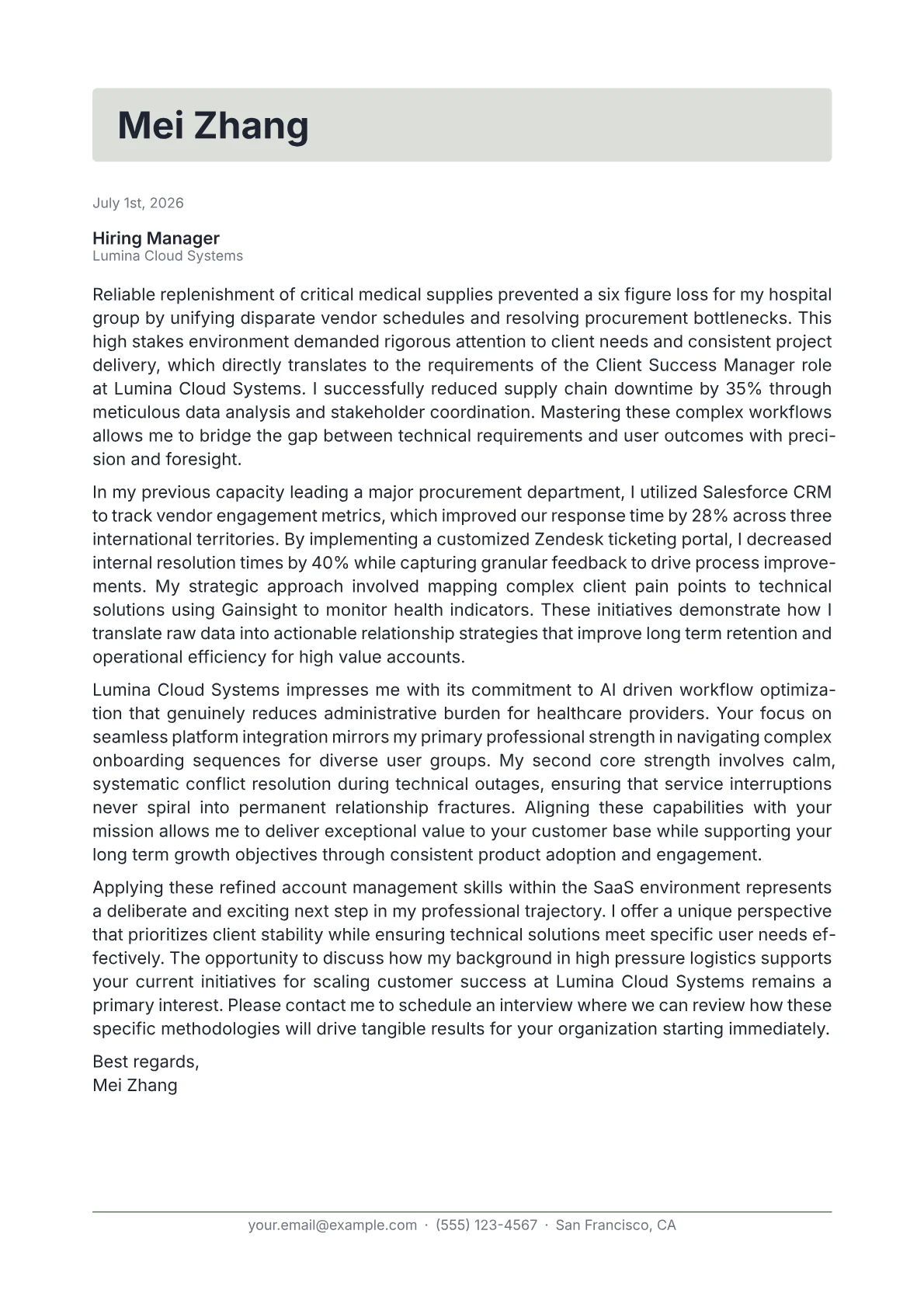 Client Success Manager cover letter in the Letterhead design