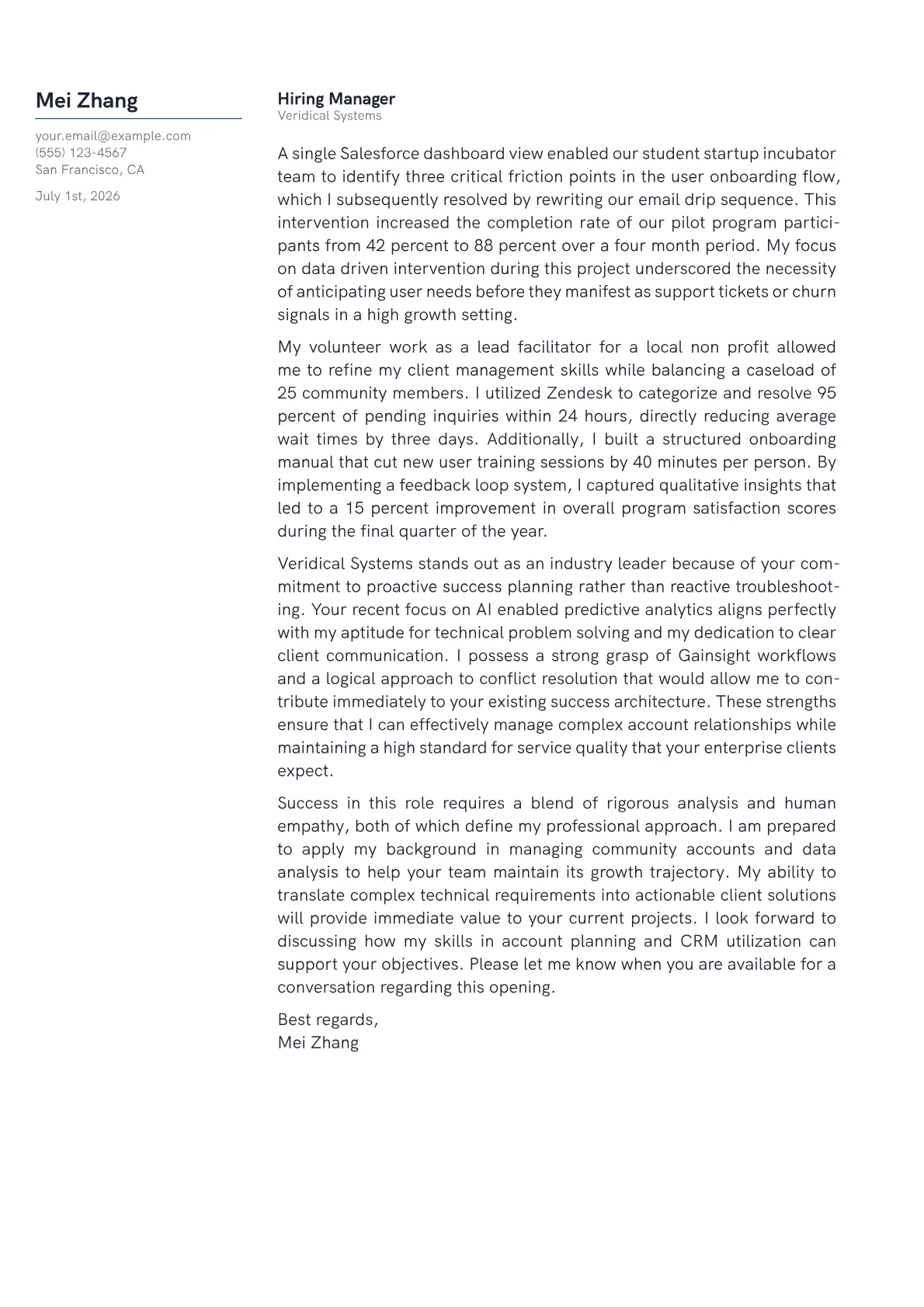 Client Success Manager cover letter in the Margin design