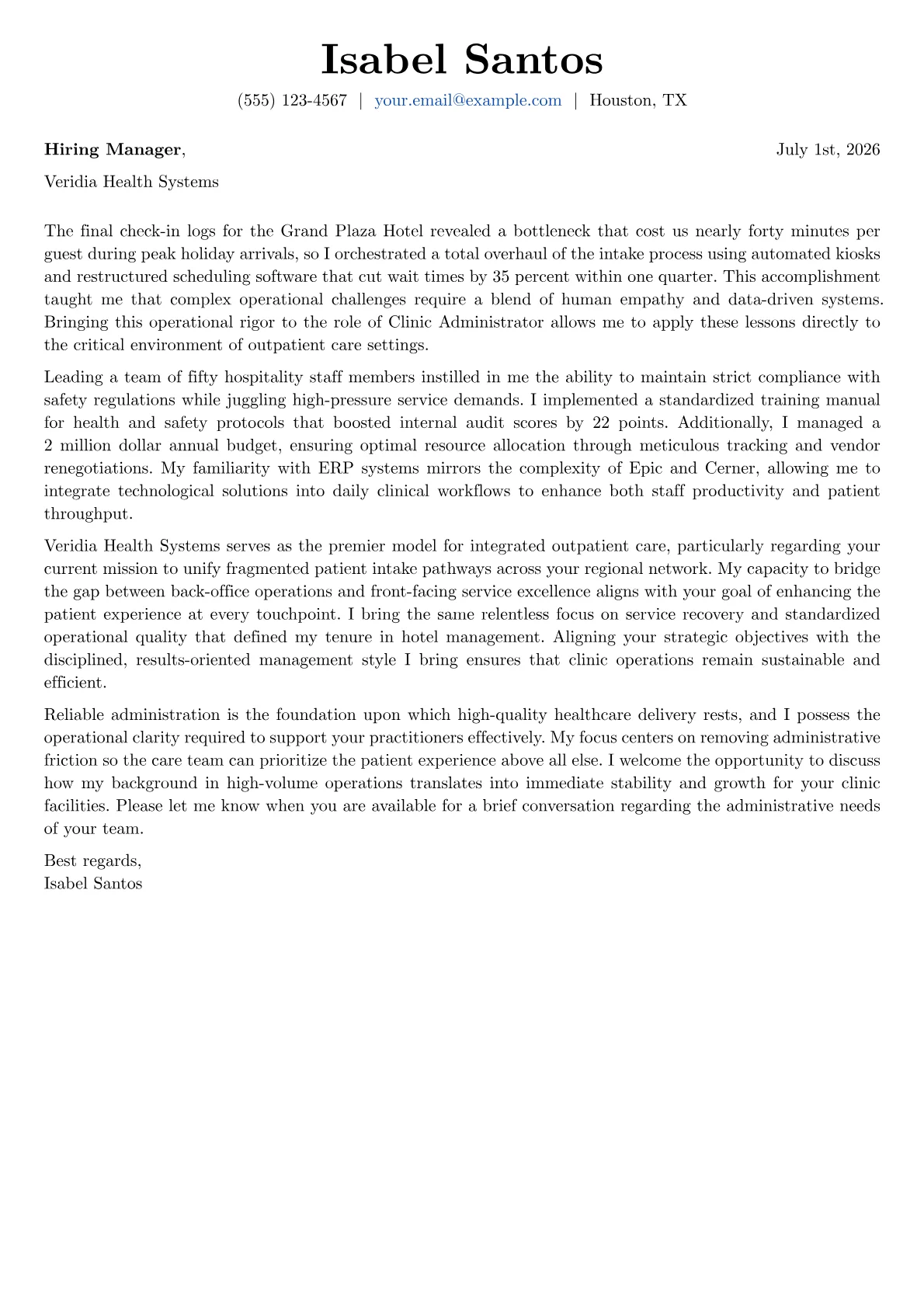 Clinic Administrator cover letter in the Basic design