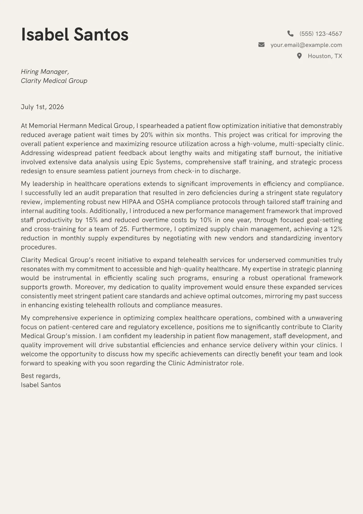Clinic Administrator cover letter formatted with a JobSprout template