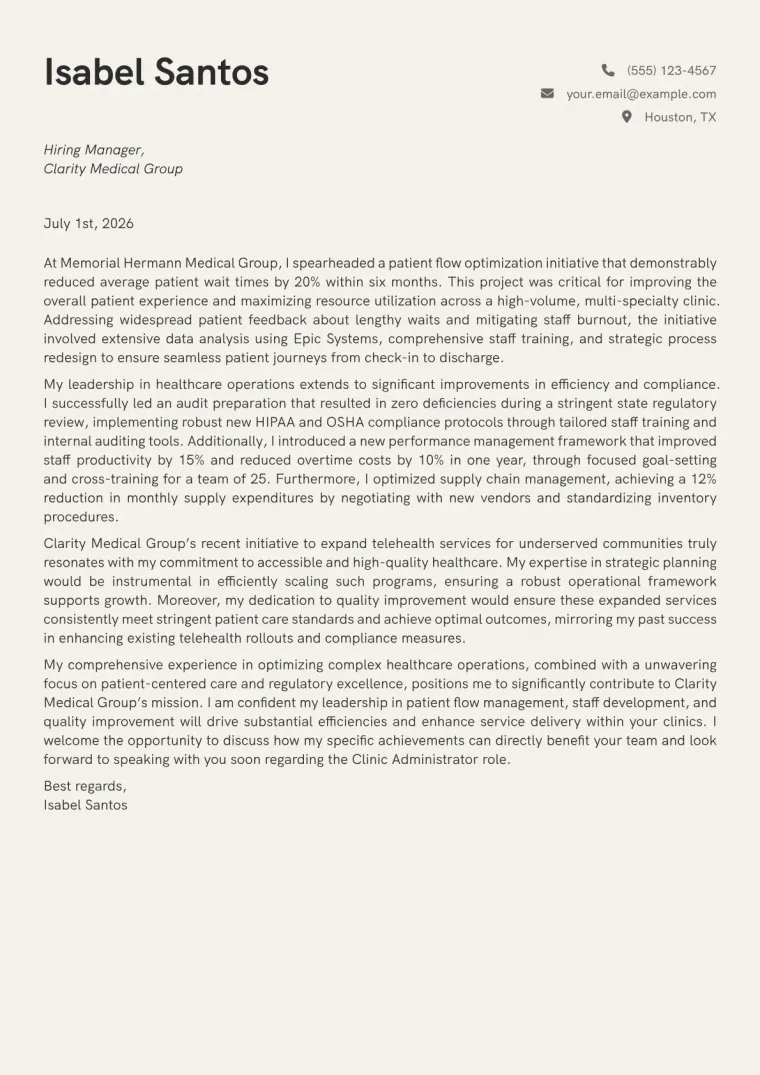 Clinic Administrator cover letter example preview