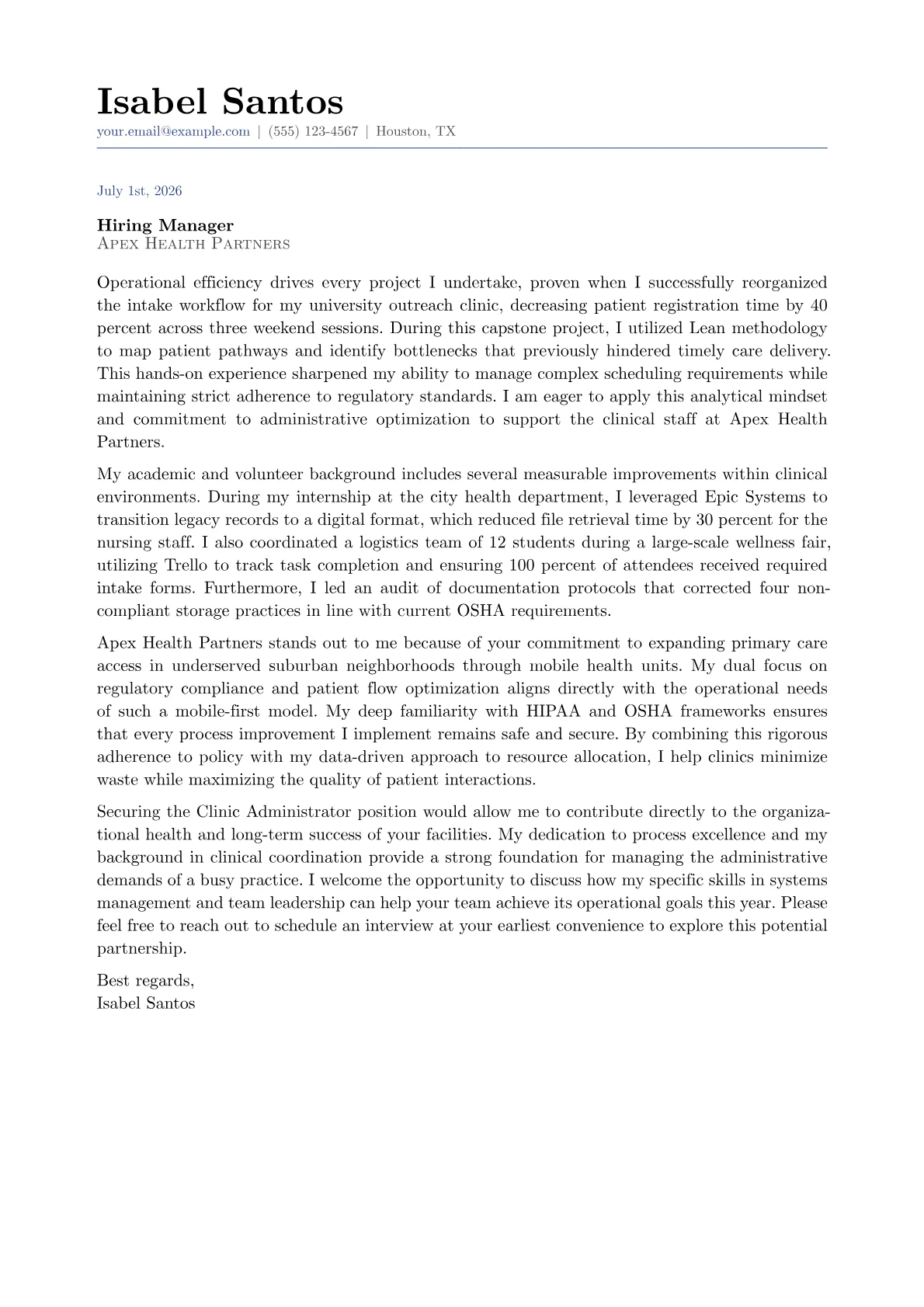 Clinic Administrator cover letter in the Classic design