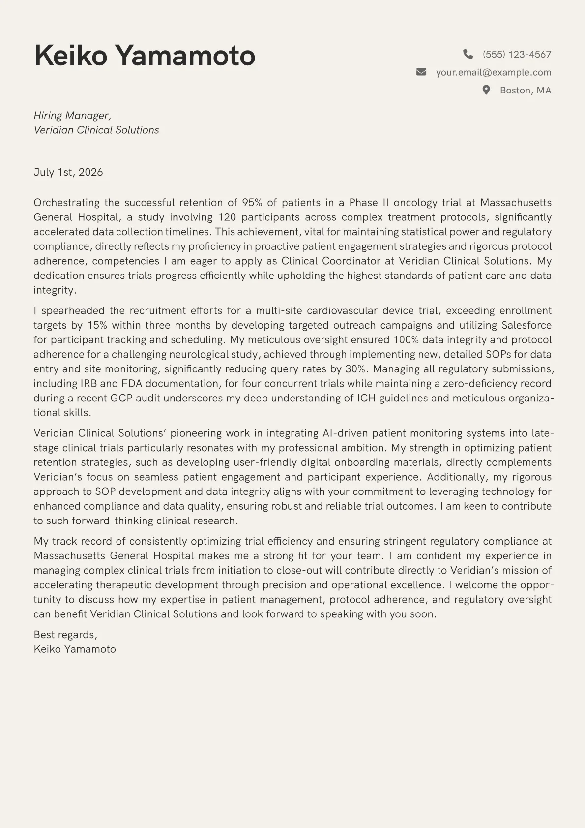 Clinical Coordinator cover letter formatted with a JobSprout template
