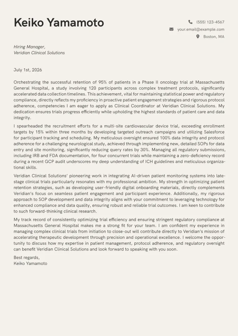 Clinical Coordinator Cover Letter Example