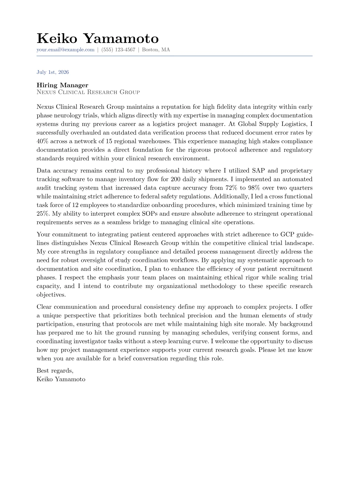 Clinical Coordinator cover letter in the Classic design