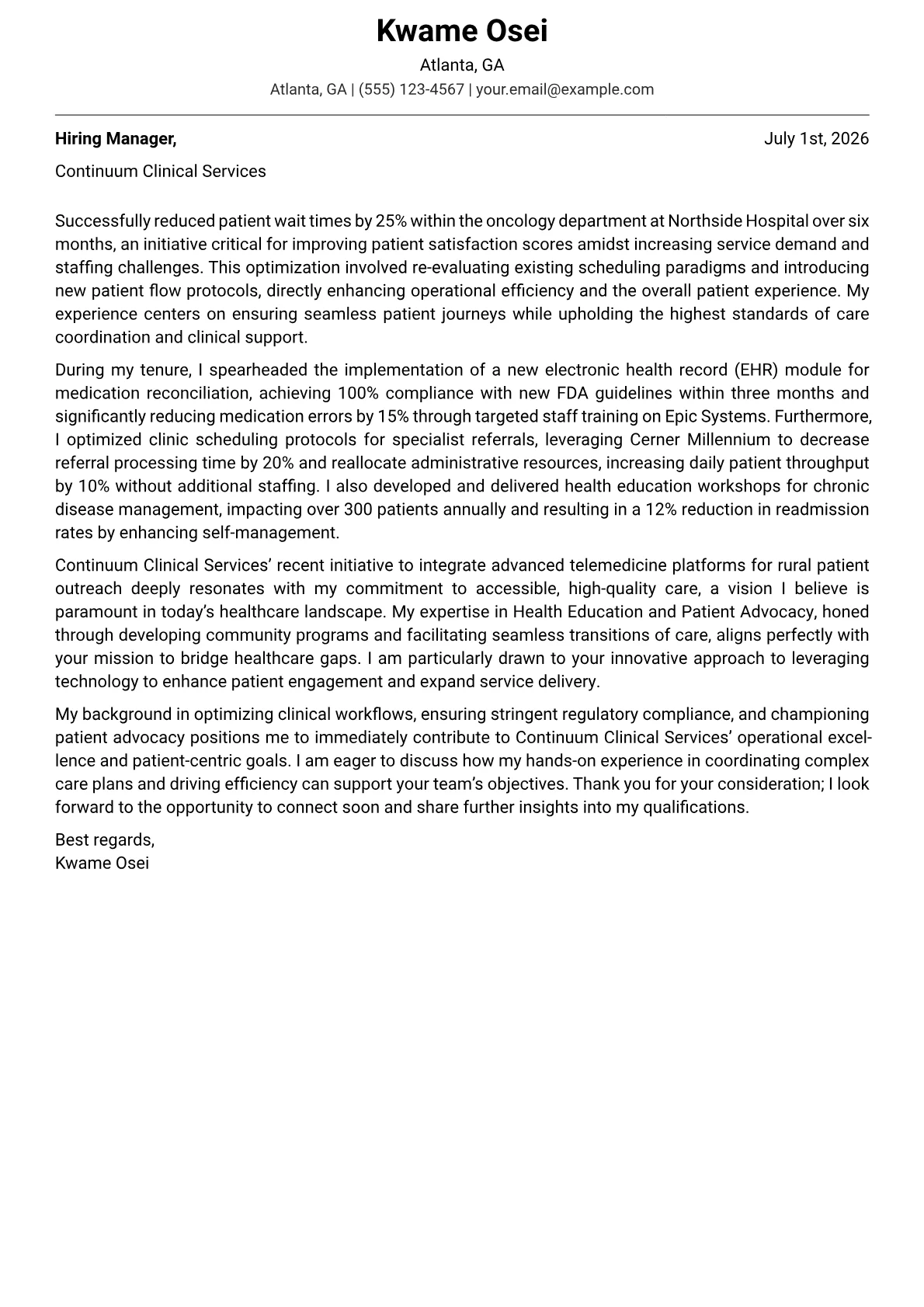 Clinical Coordinator Healthcare cover letter formatted with a JobSprout template