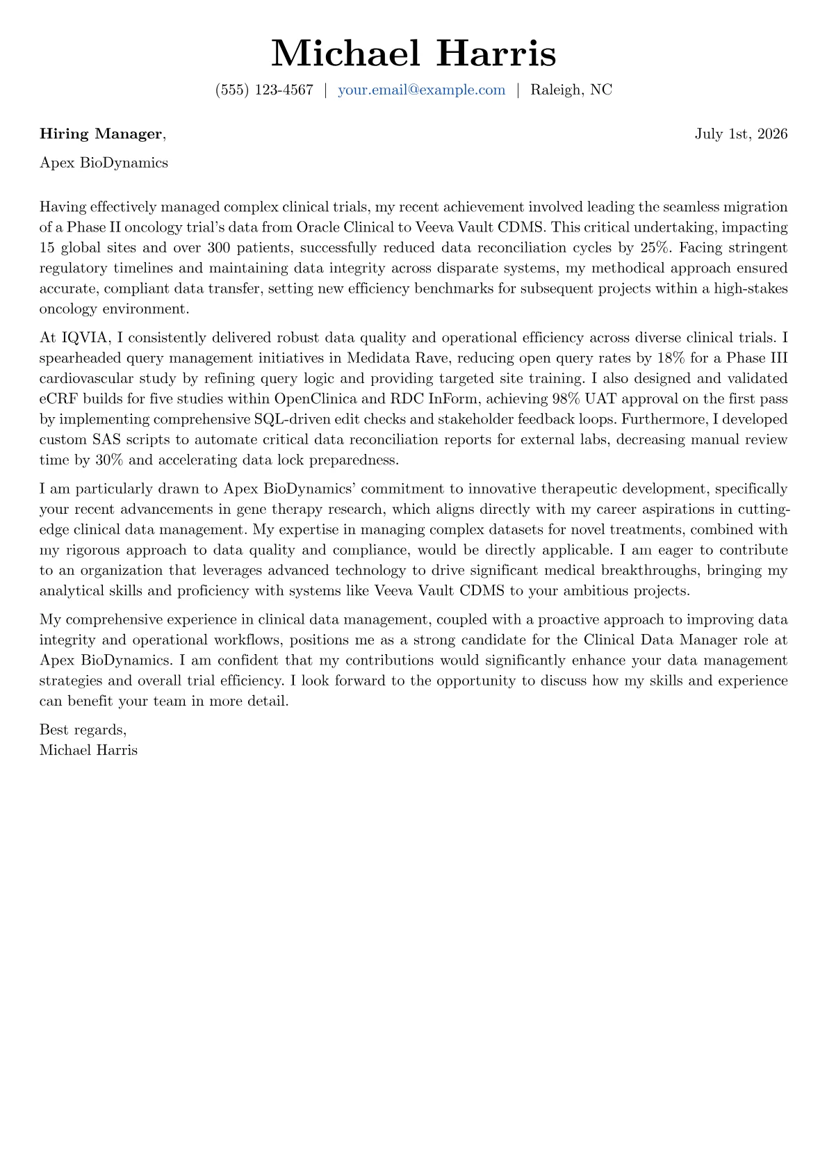 Clinical Data Manager cover letter formatted with a JobSprout template
