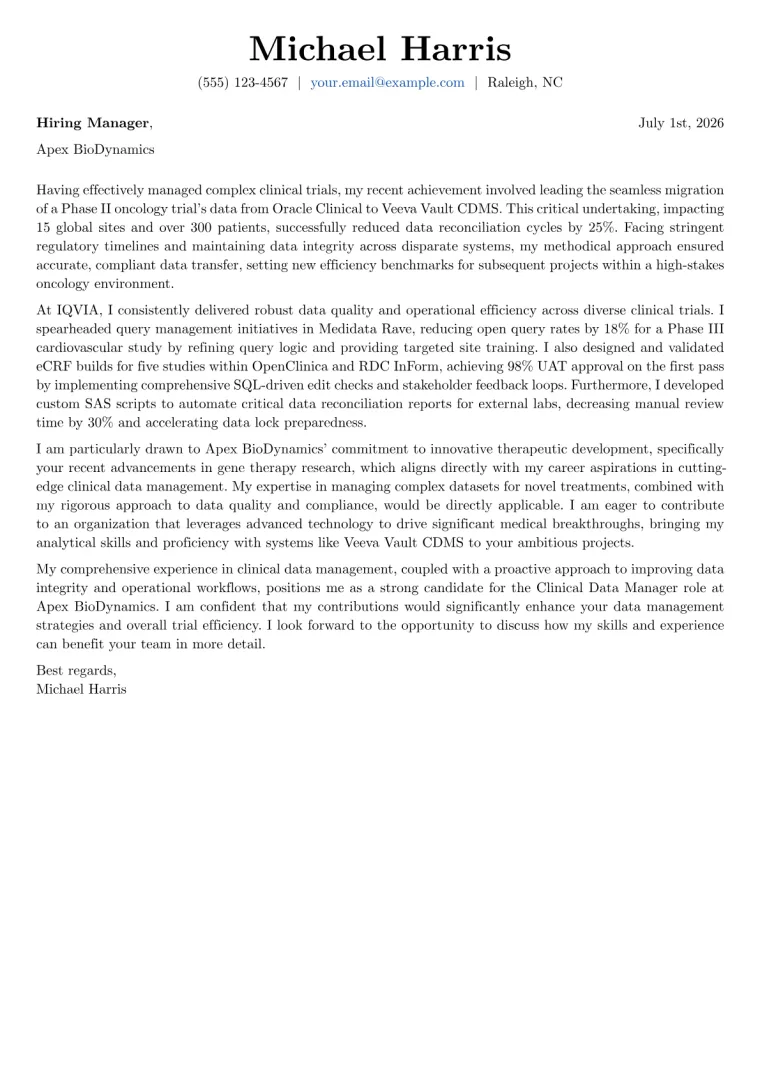 Clinical Data Manager Cover Letter Example