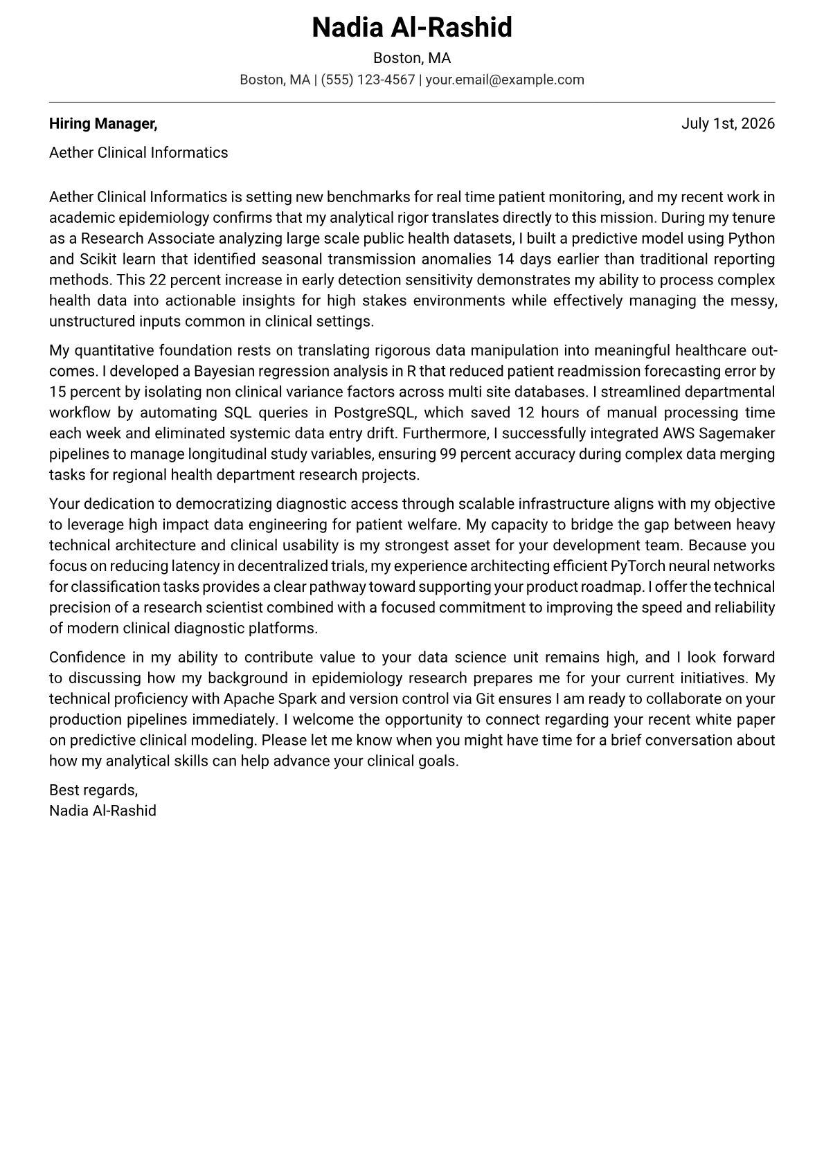 Clinical Data Scientist cover letter in the Modern design