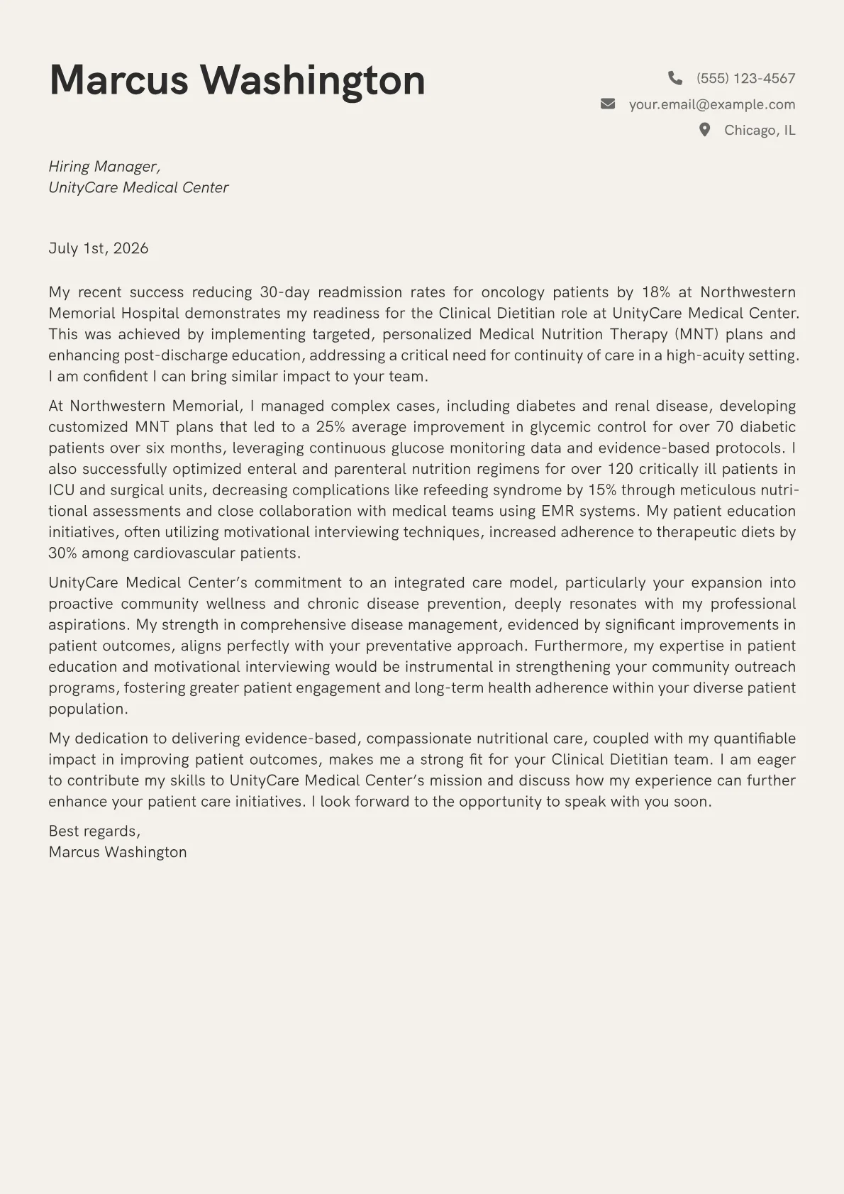 Clinical Dietitian cover letter formatted with a JobSprout template