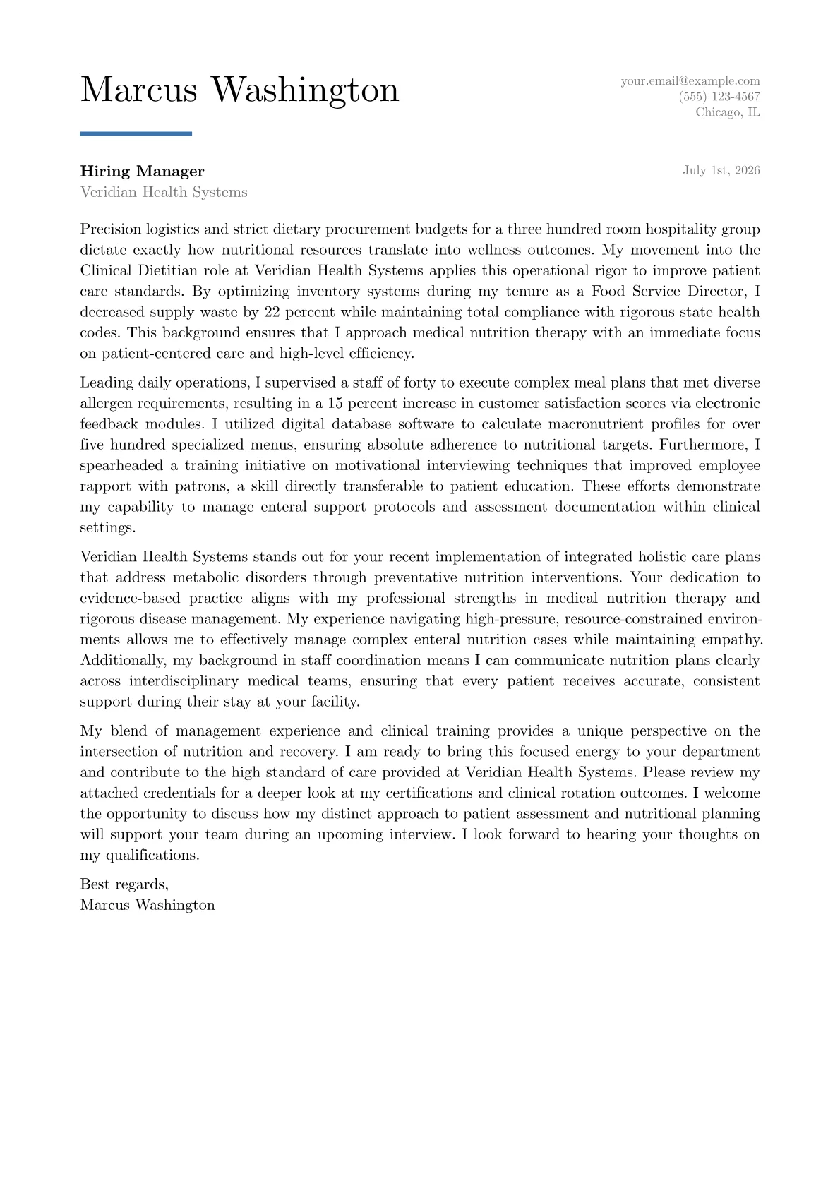 Clinical Dietitian cover letter in the Executive design
