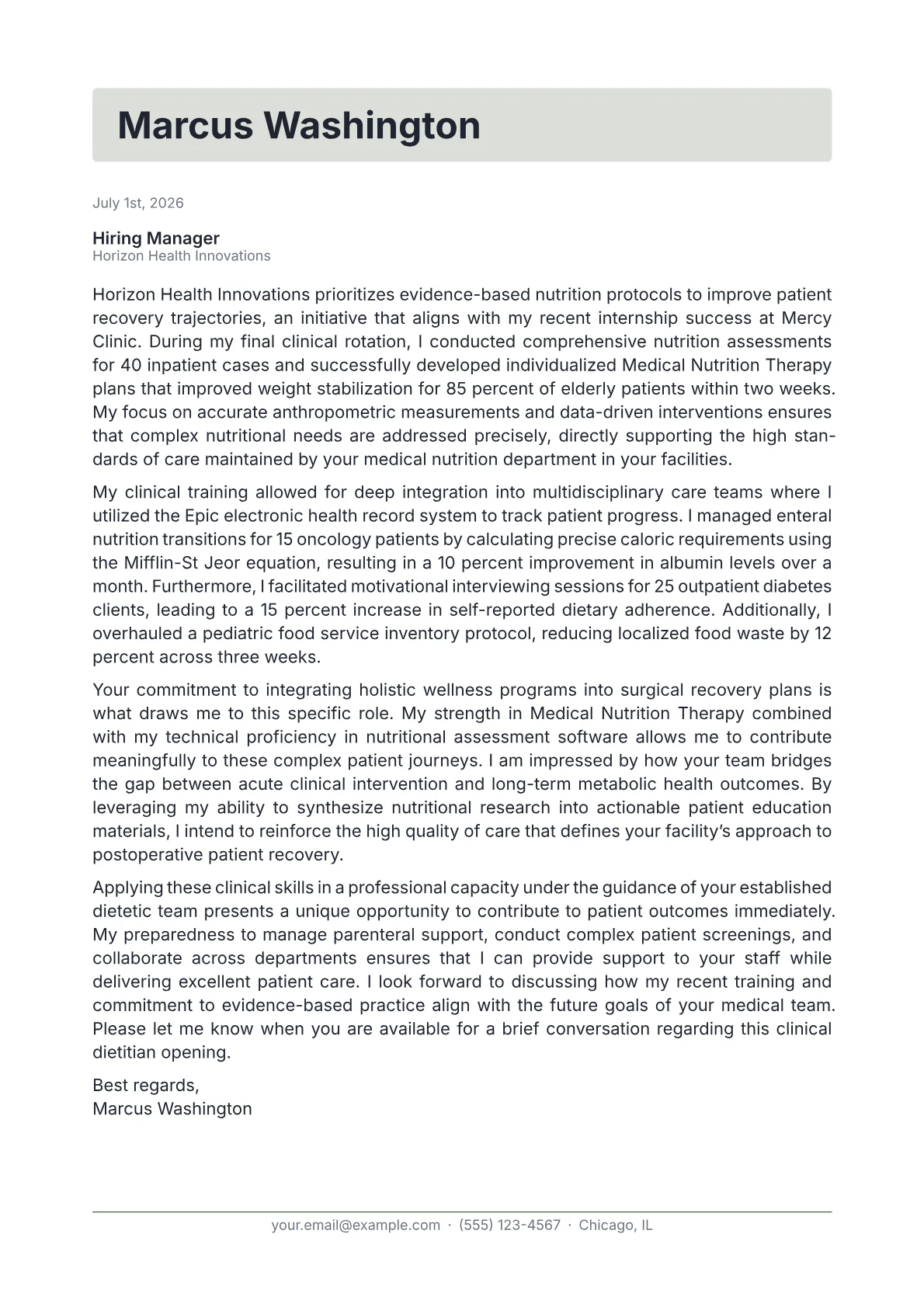 Clinical Dietitian cover letter in the Letterhead design