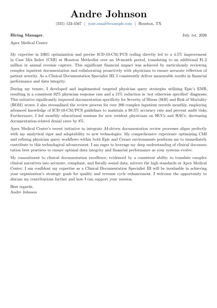 Clinical Documentation Specialist Cover Letter Example
