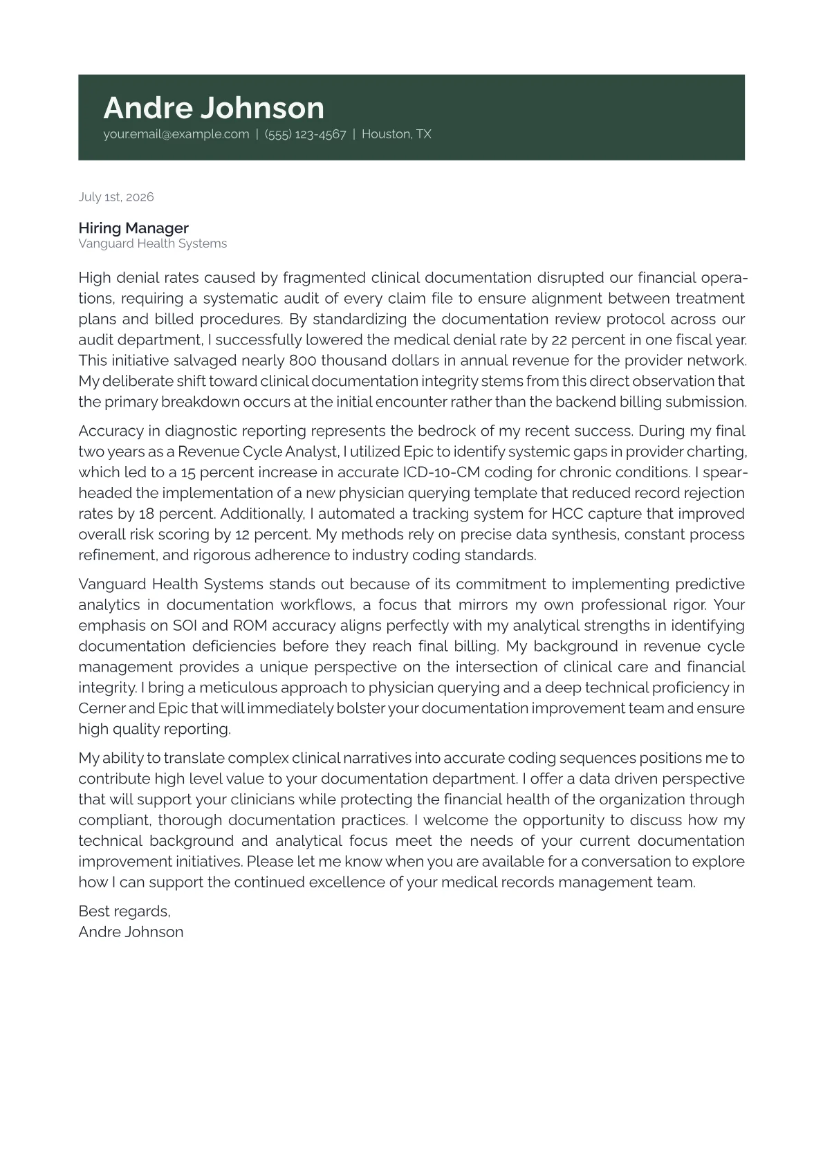 Clinical Documentation Specialist cover letter formatted with a JobSprout template