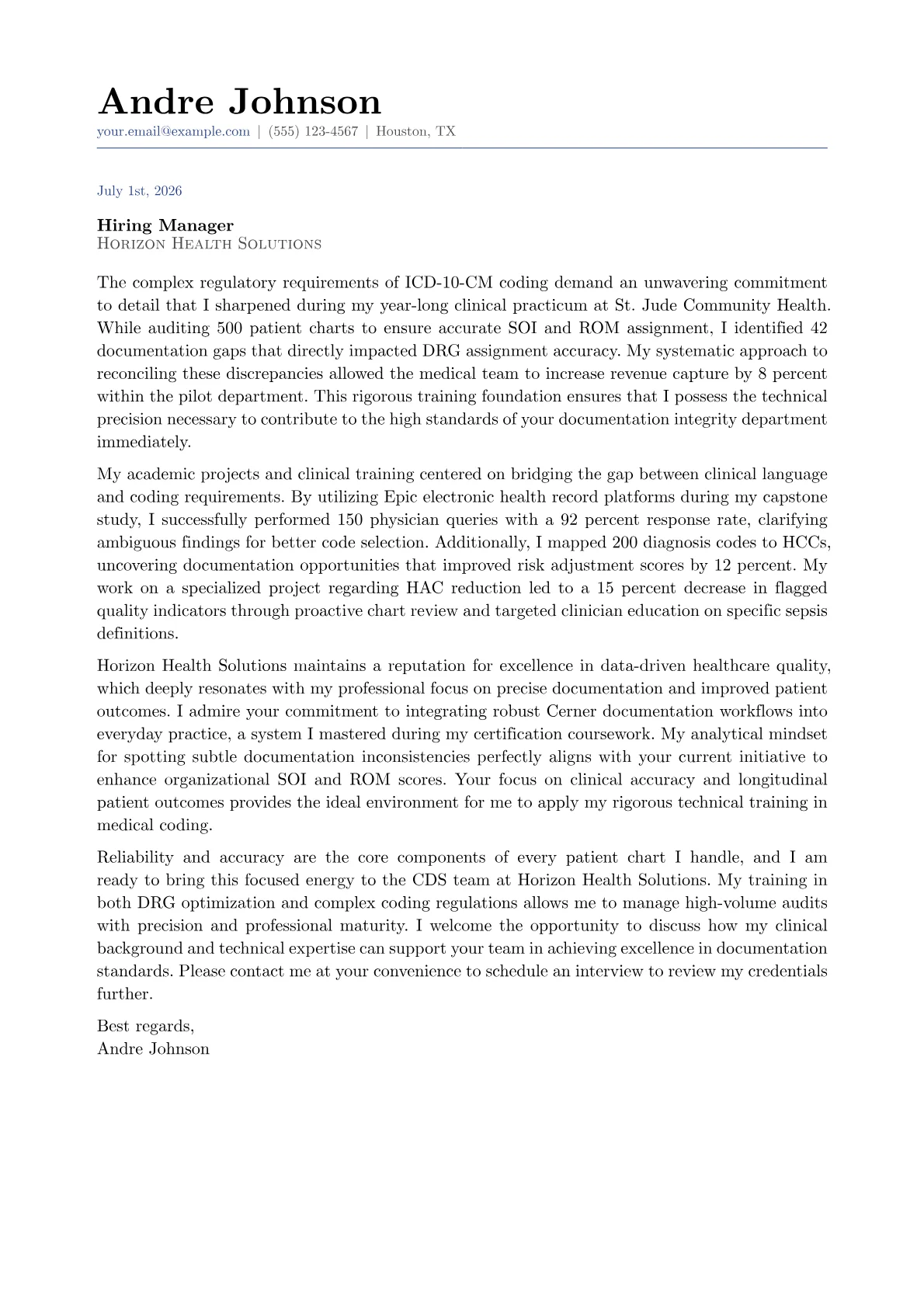 Clinical Documentation Specialist cover letter formatted with a JobSprout template