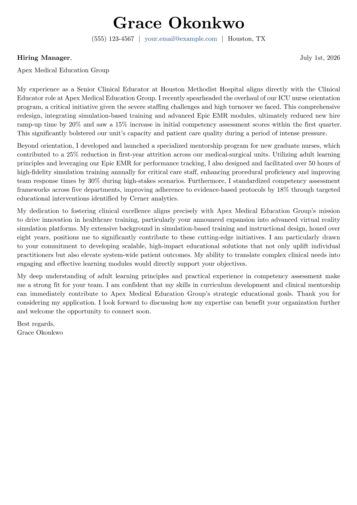 Clinical Educator cover letter formatted with a JobSprout template