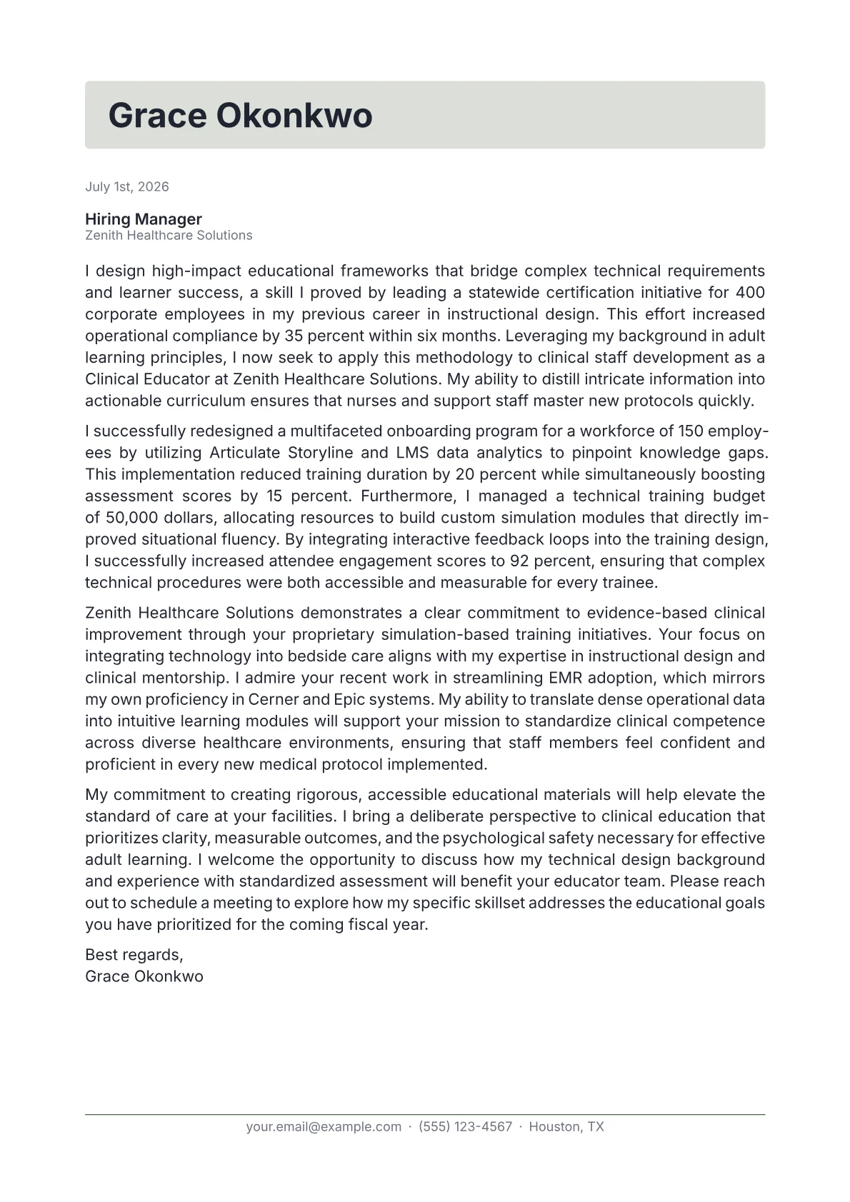 Clinical Educator cover letter in the Letterhead design