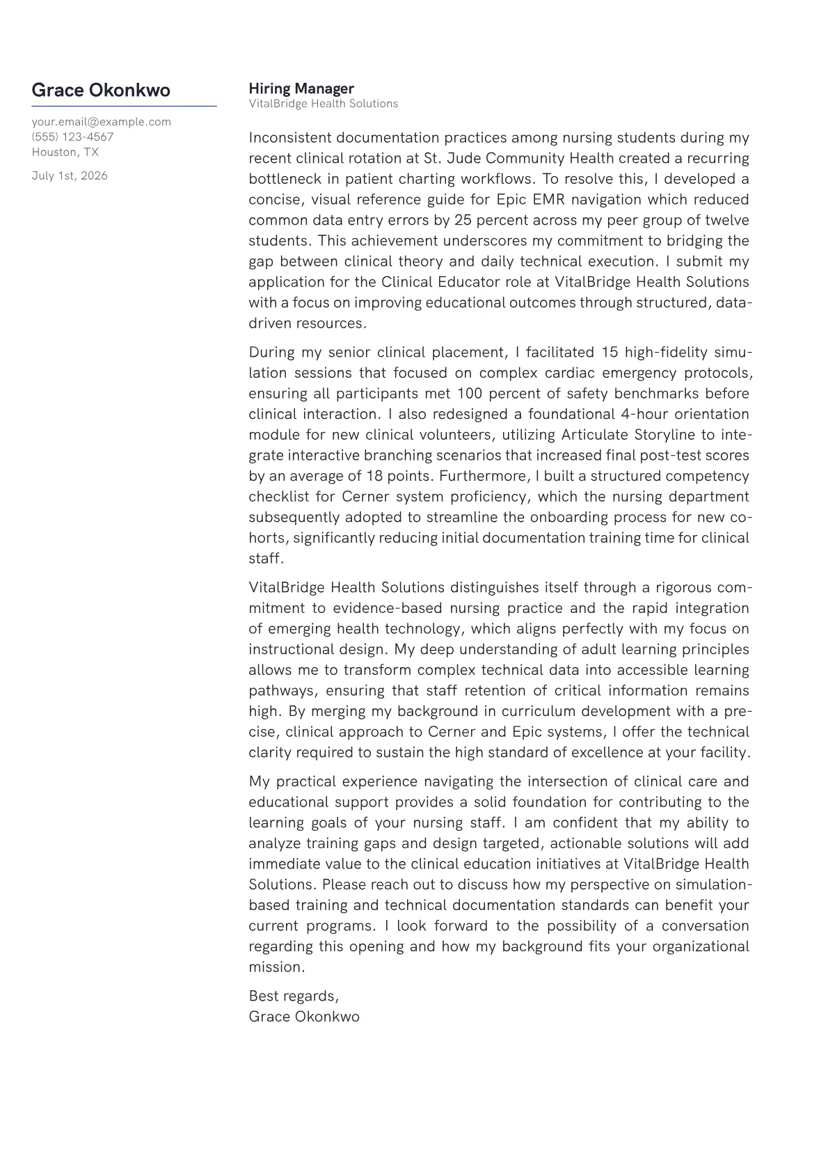 Clinical Educator cover letter in the Margin design