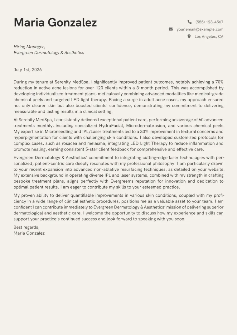 Clinical Esthetician cover letter example preview
