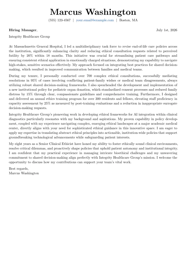 Clinical Ethicist Cover Letter Example