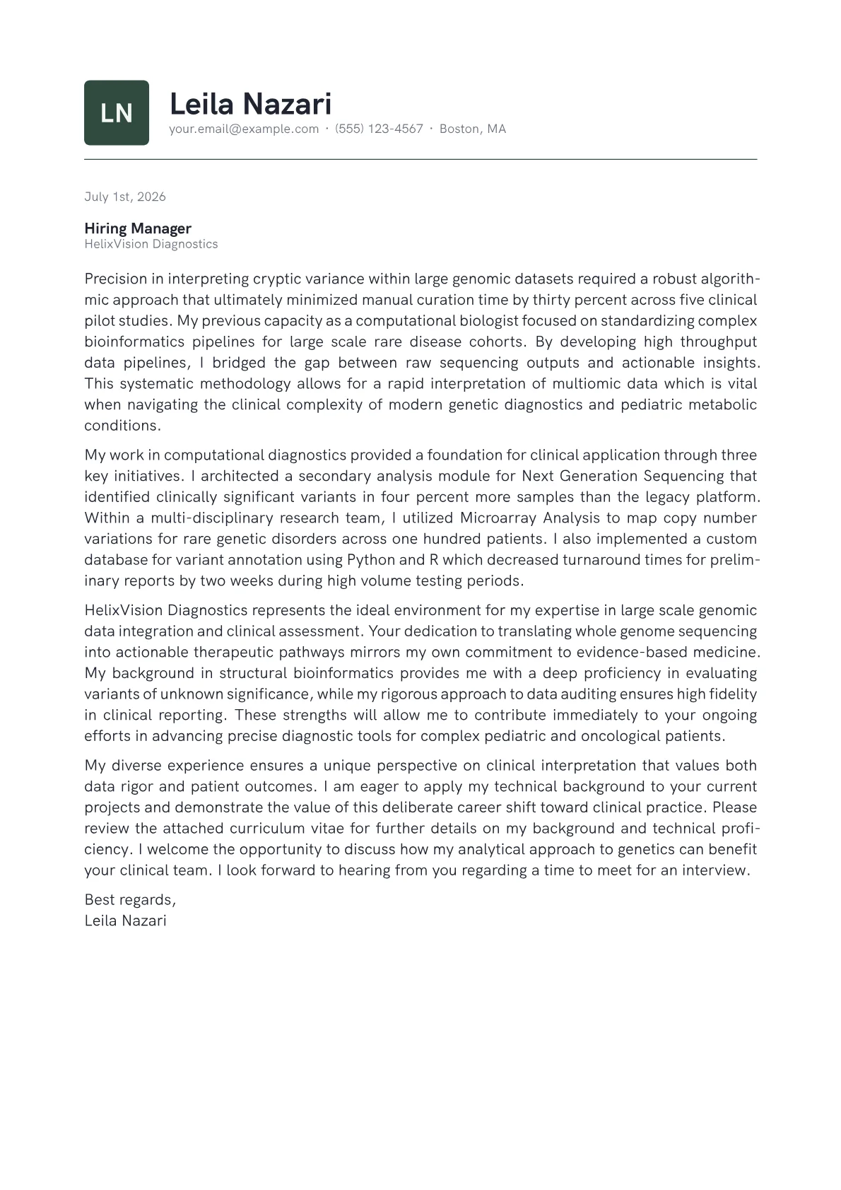 Clinical Geneticist cover letter in the Emblem design