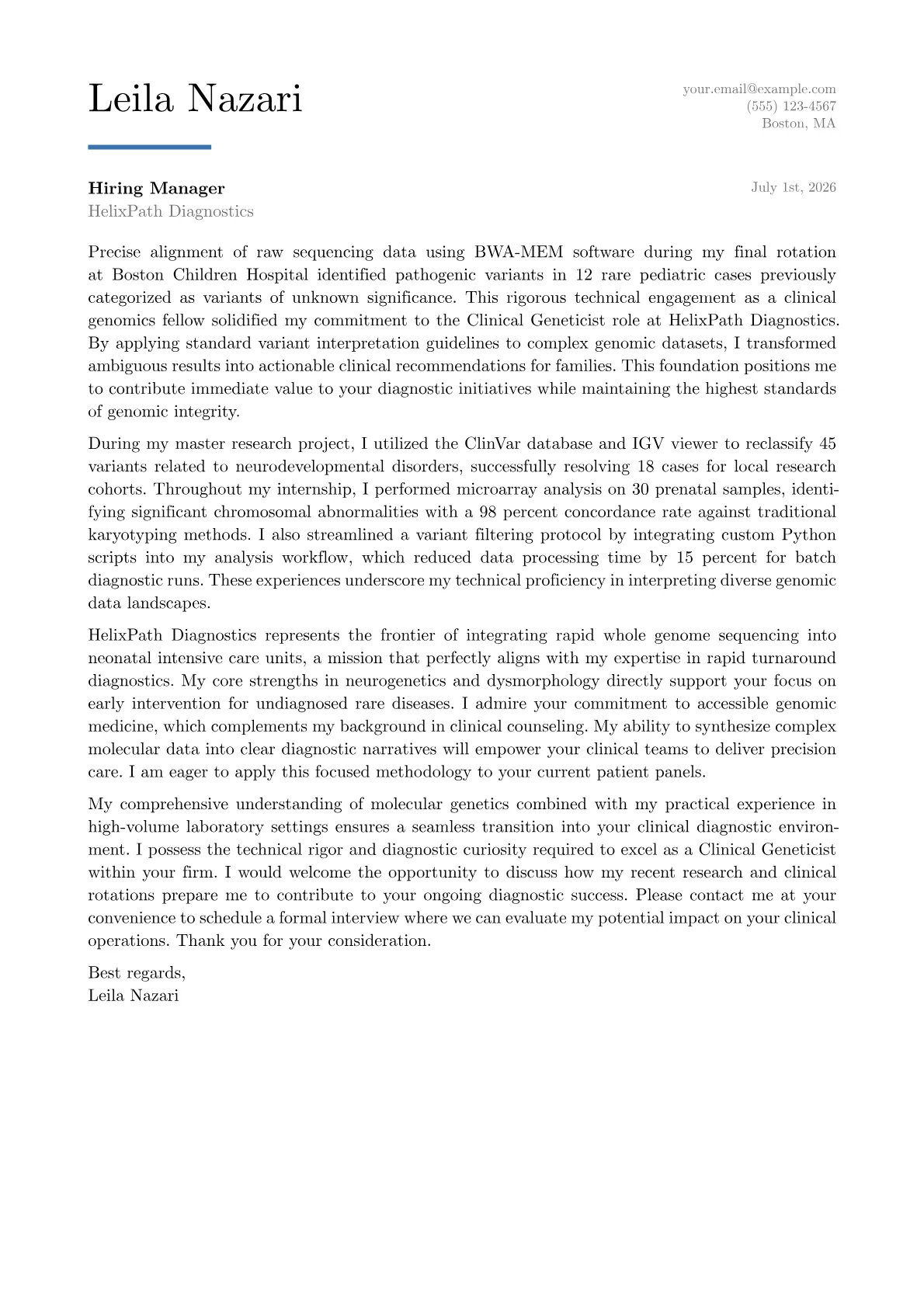 Clinical Geneticist cover letter in the Executive design