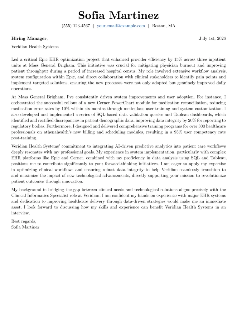 Clinical Informatics Specialist Cover Letter Example