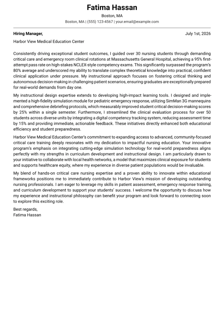 Clinical Instructor Cover Letter Example
