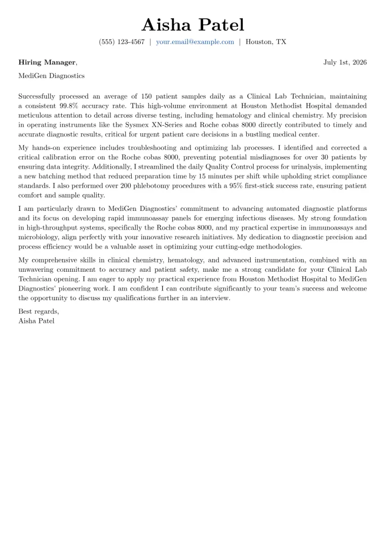 Clinical Lab Technician Cover Letter Example