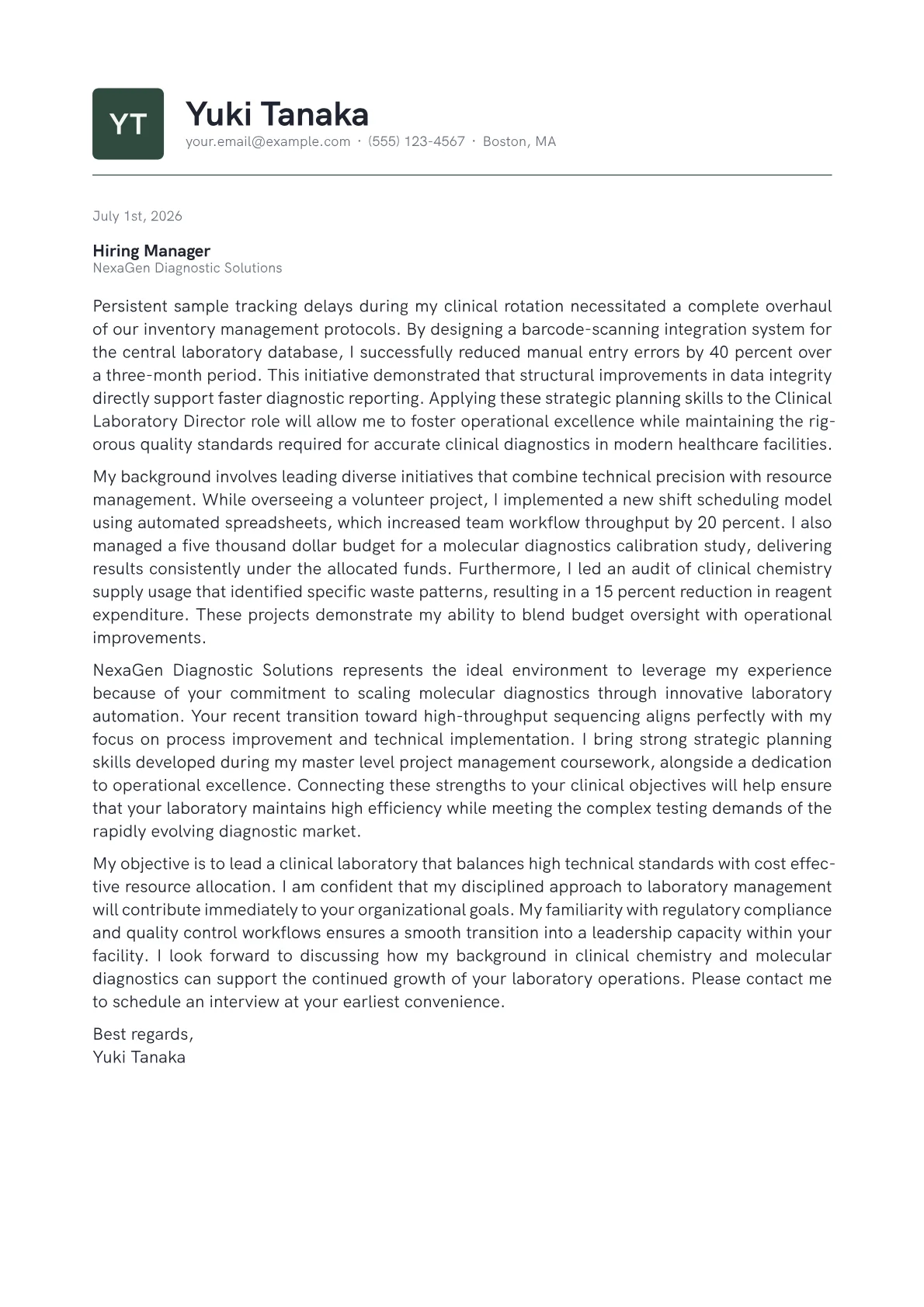 Clinical Laboratory Director cover letter in the Emblem design