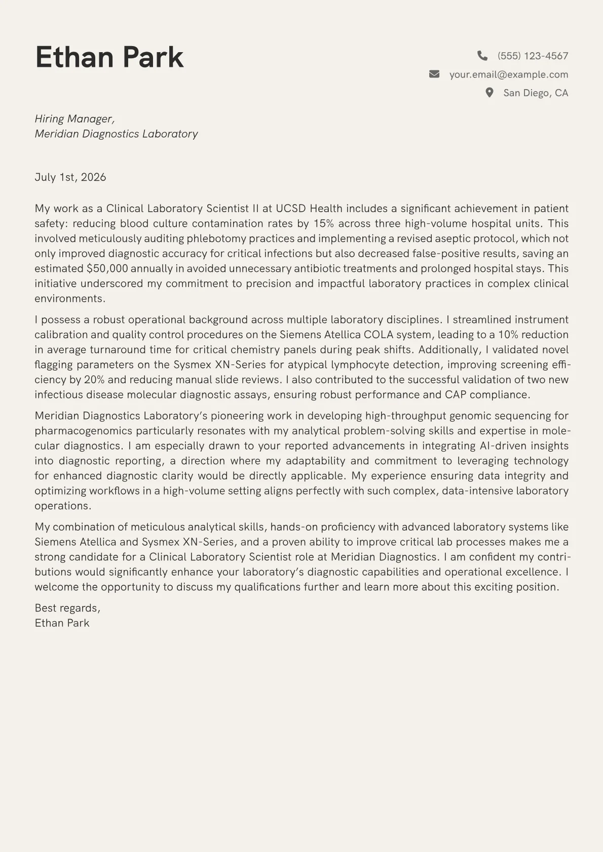 Clinical Laboratory Scientist cover letter formatted with a JobSprout template