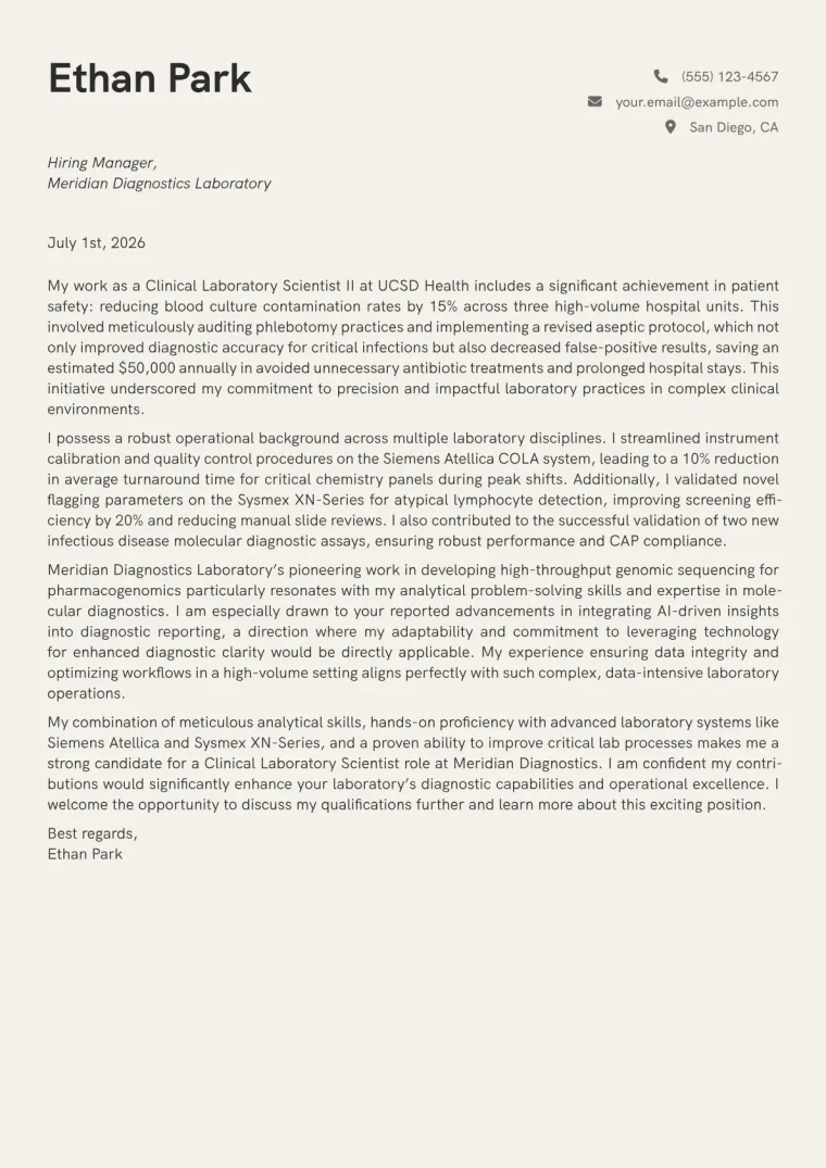Clinical Laboratory Scientist Cover Letter Example