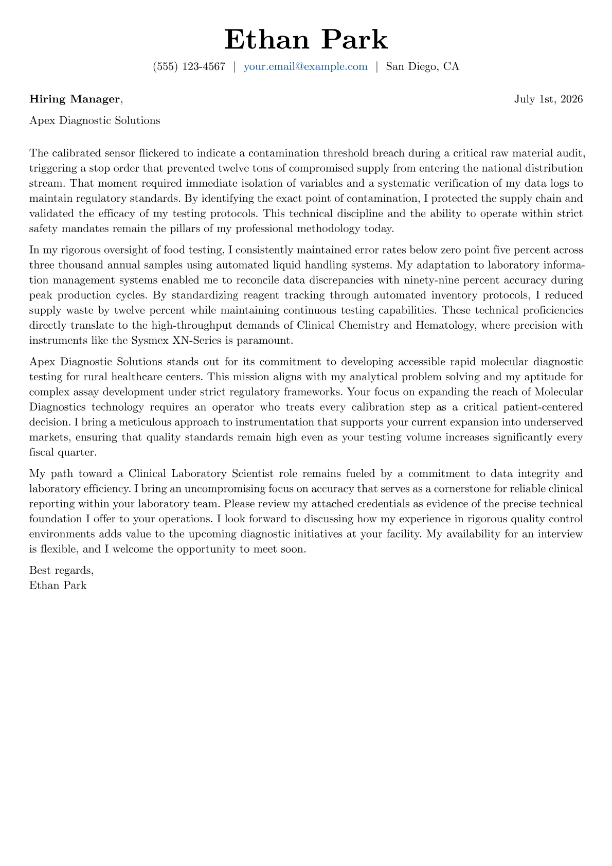 Clinical Laboratory Scientist cover letter in the Basic design